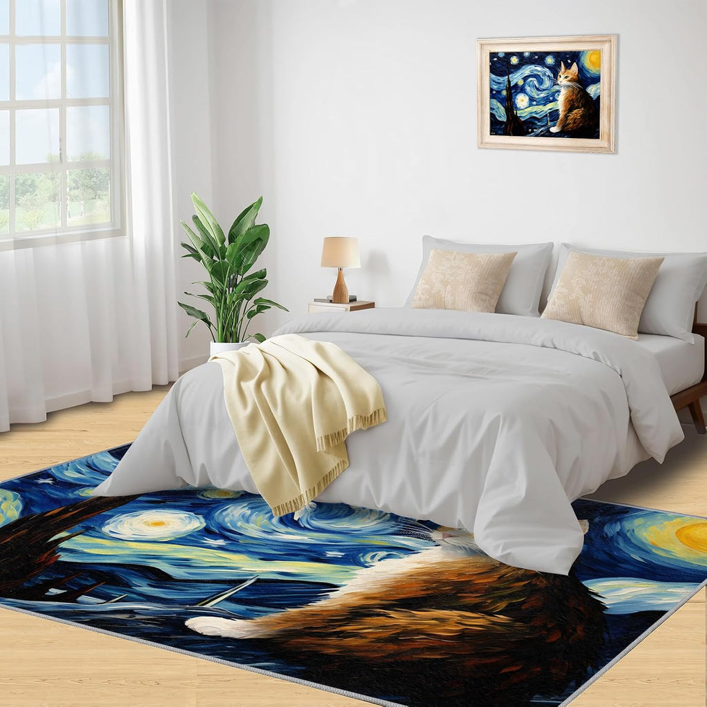 6x8 Area Rug - Starry Sky Cat Large Rugs for Living Room, Post-Impressionist Art Painting Carpet Area Rug for Girls Bedroom Kids Room Basement Office Classroom