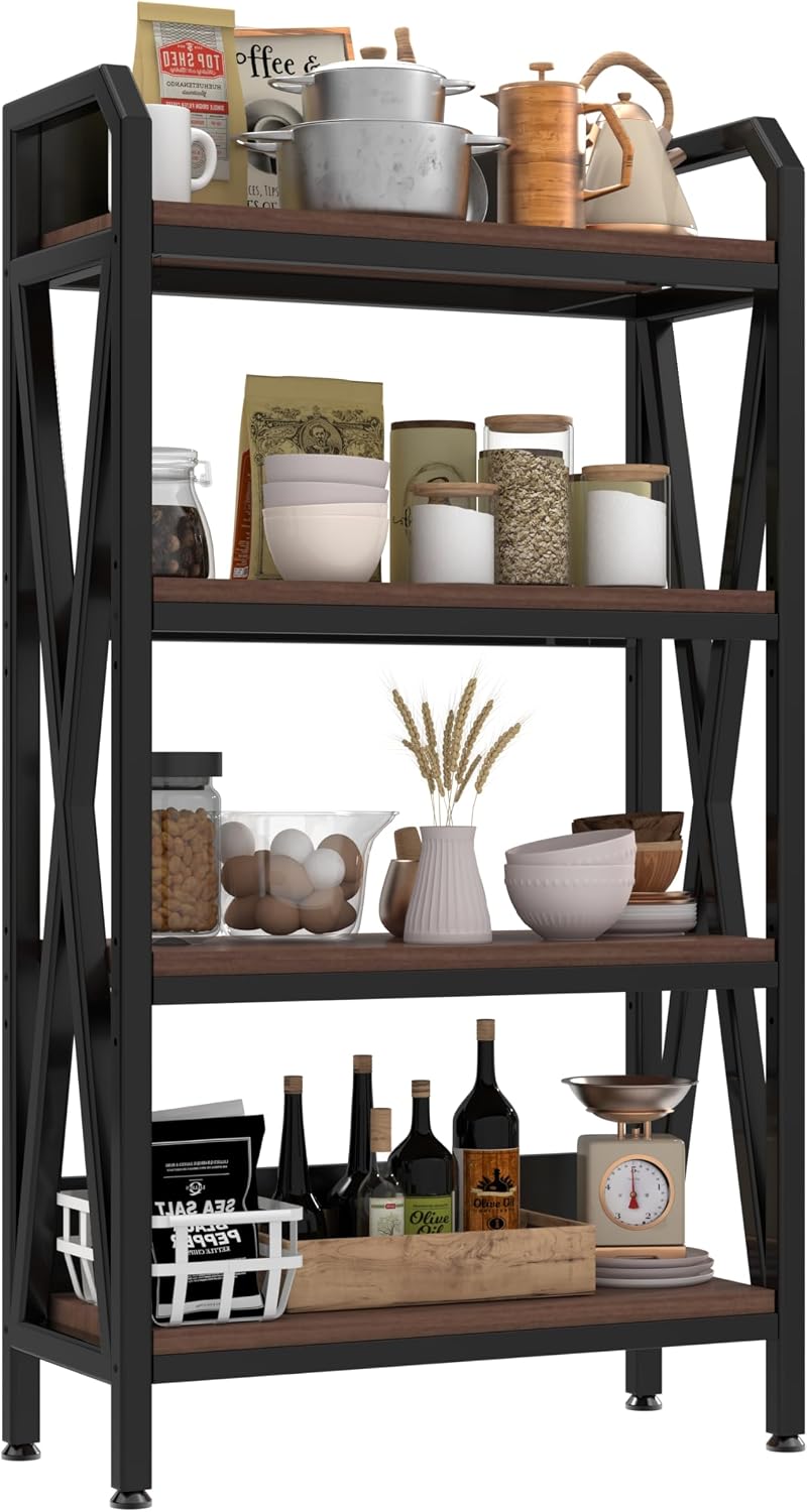Stylish 4-Tier Baker's Rack with Wood Shelves and Metal Frame for Kitchen Pantry Organization, Garage, Bathroom or Closet Storage