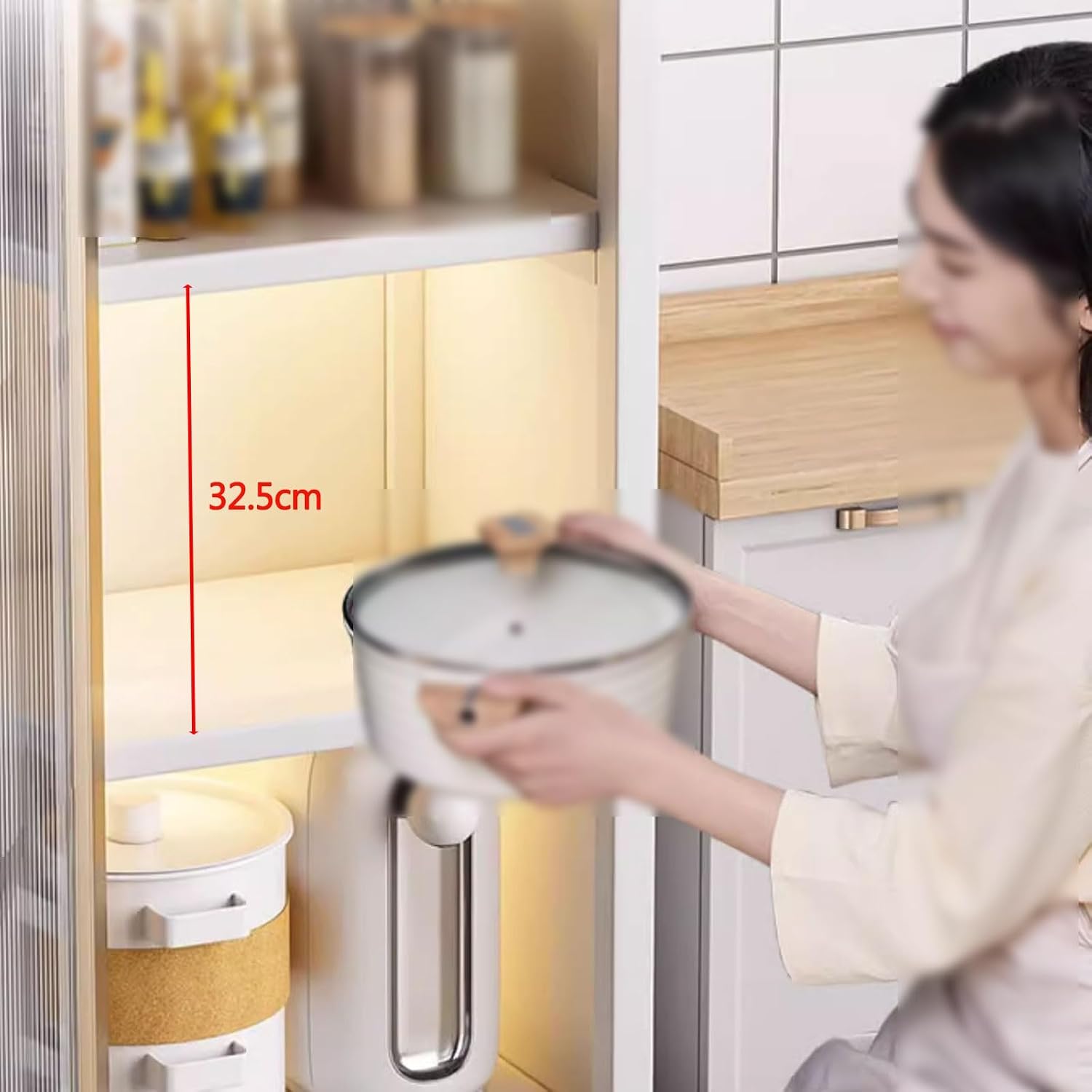 Kitchen Storage Rack with Wheels Bakers Rack with Storage Cabinet with Transparent Door with of Brakeable Casters, for Kitchen, Dining Room, Living Room(Gray,35 * 40 * 115.5cm)