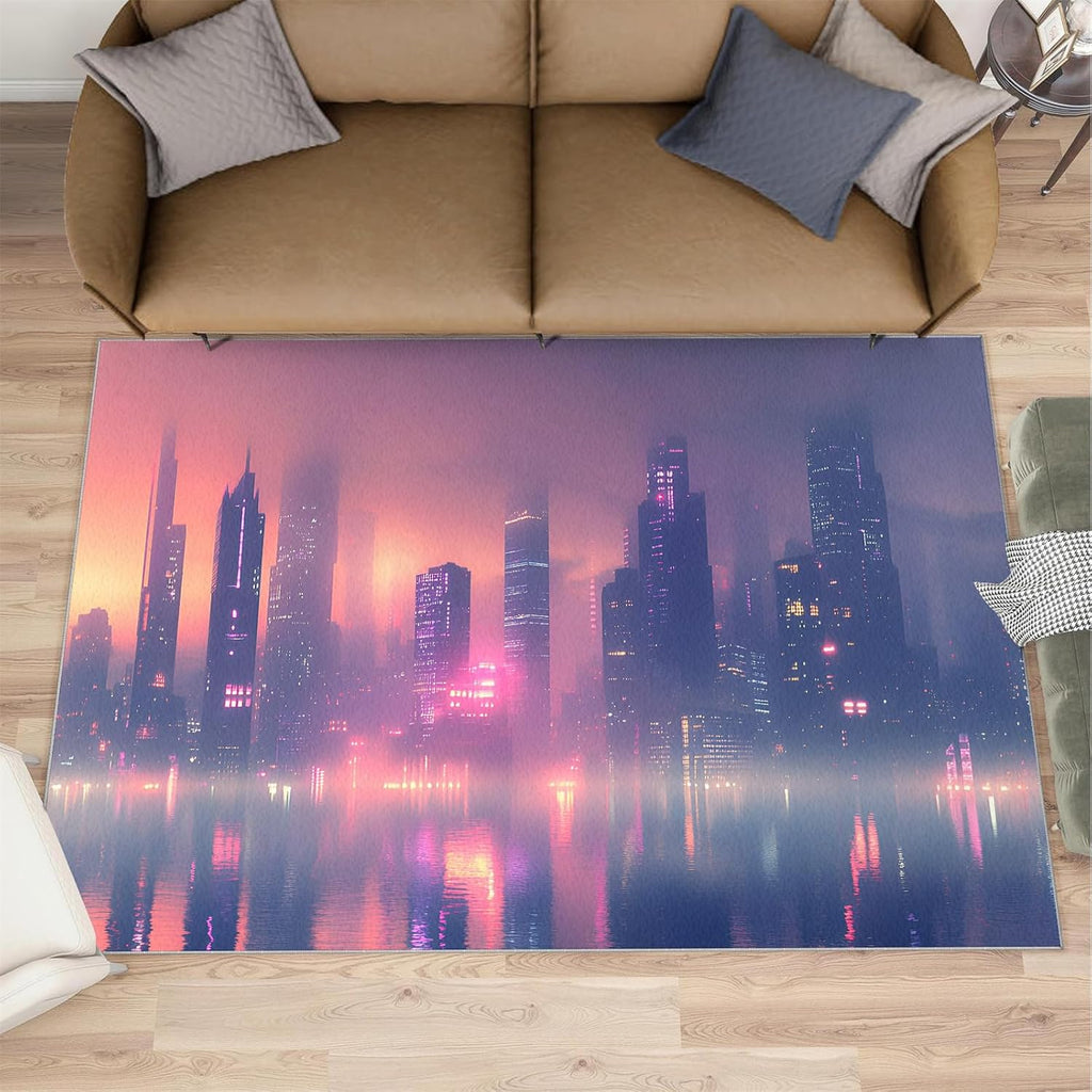 New York Skyscrapers Rug 6x8-6x8 Rug, City Night Scene Area Rugs for Bedroom, Cityscape Rugs for Living Room, Modern Washable Mat, Kids Carpet, City Scene Home Decor & Gifts