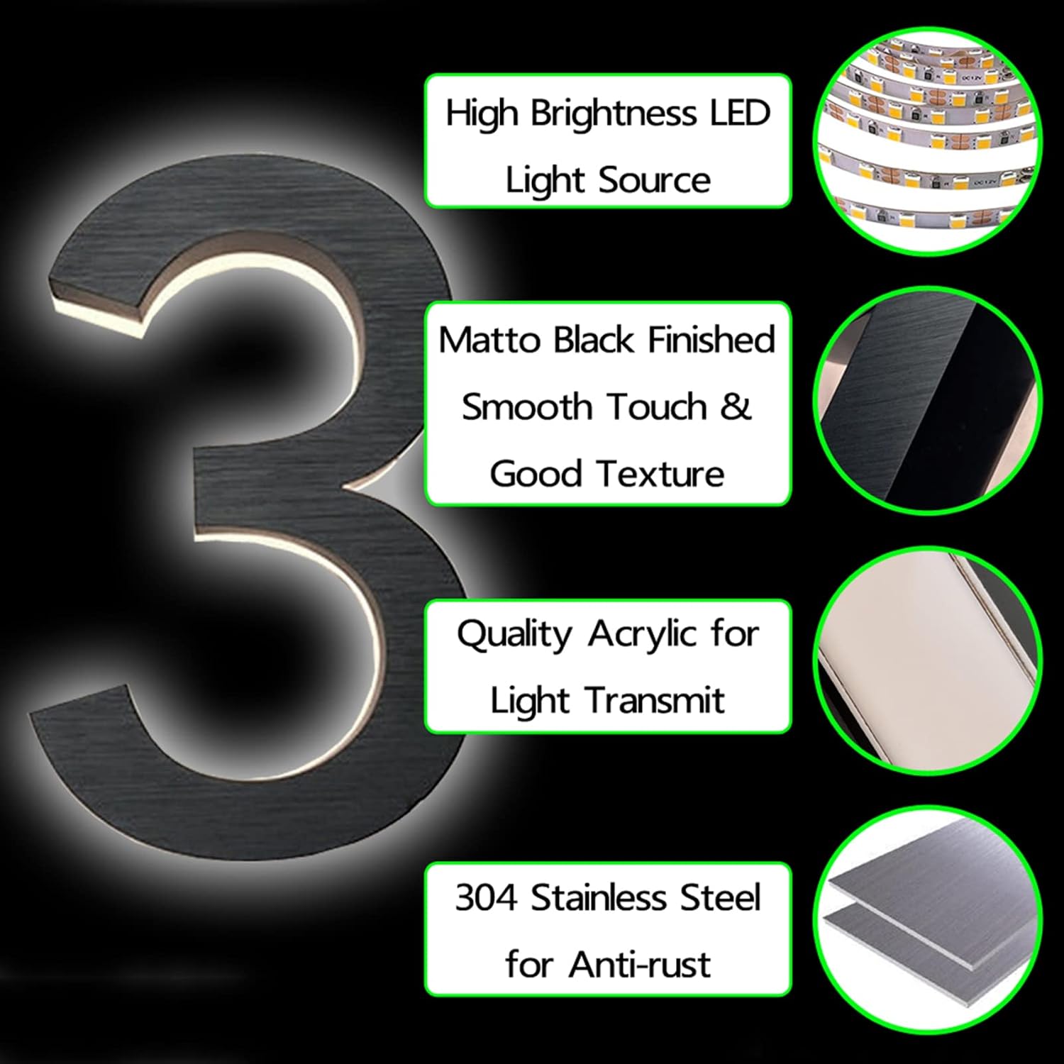 18' Backlit LED Address Numbers For House, Lighted House Numbers For Outside, Illuminated House Number For Outside Plaque, Lighted Address Signs For Houses,S