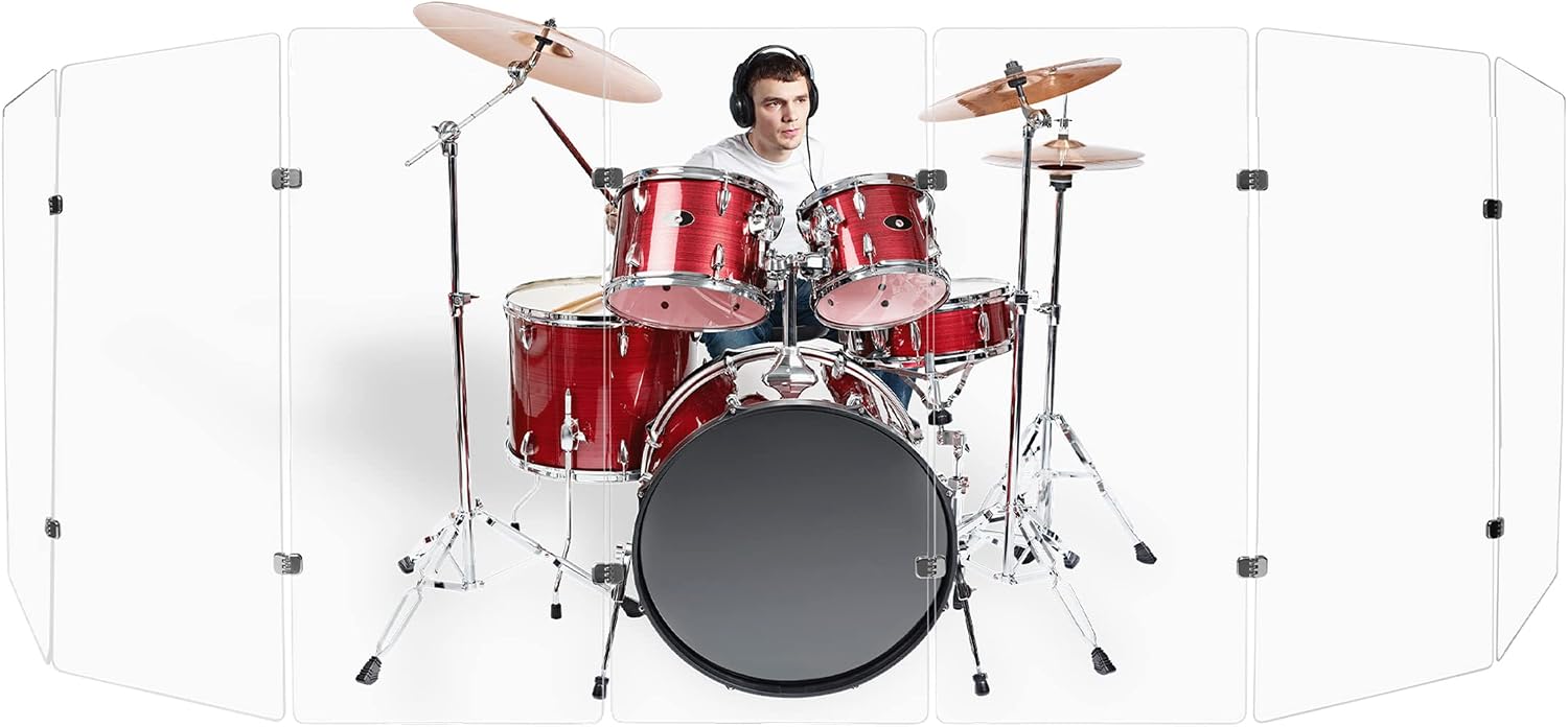 PENNZONI Drum Shield 6ft w/Chrome Hinges, Comes w/ 7 Drum Panels, & Chrome Hinges, Premium Clear Acrylic Panels, Drum Screen