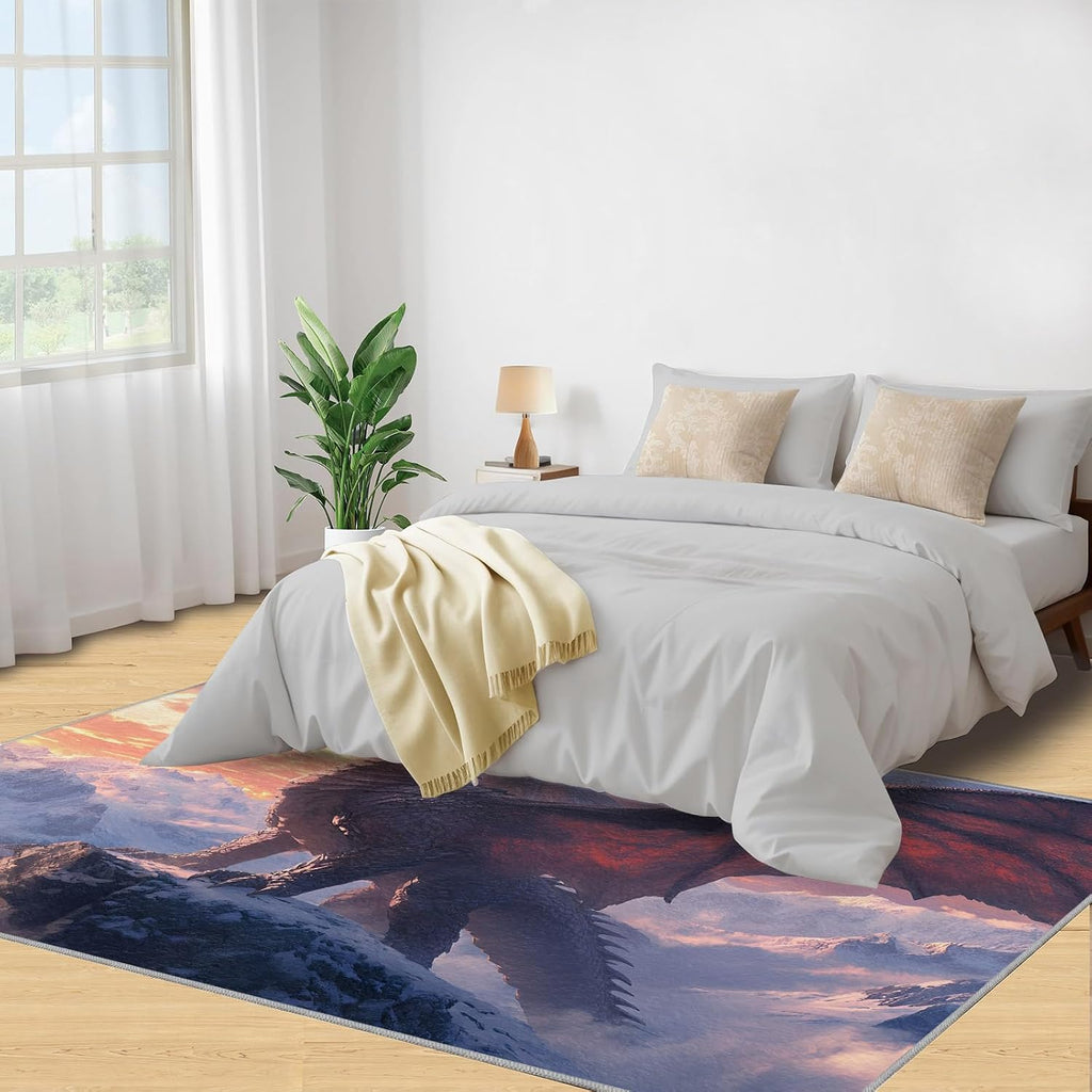 Dragon Rugs for Bedroom, Snow Mountain Dragon Rug 6x8, Mythical Creature Dining Room Rugs Washable & Non Slip Large Carpet for Home Decor