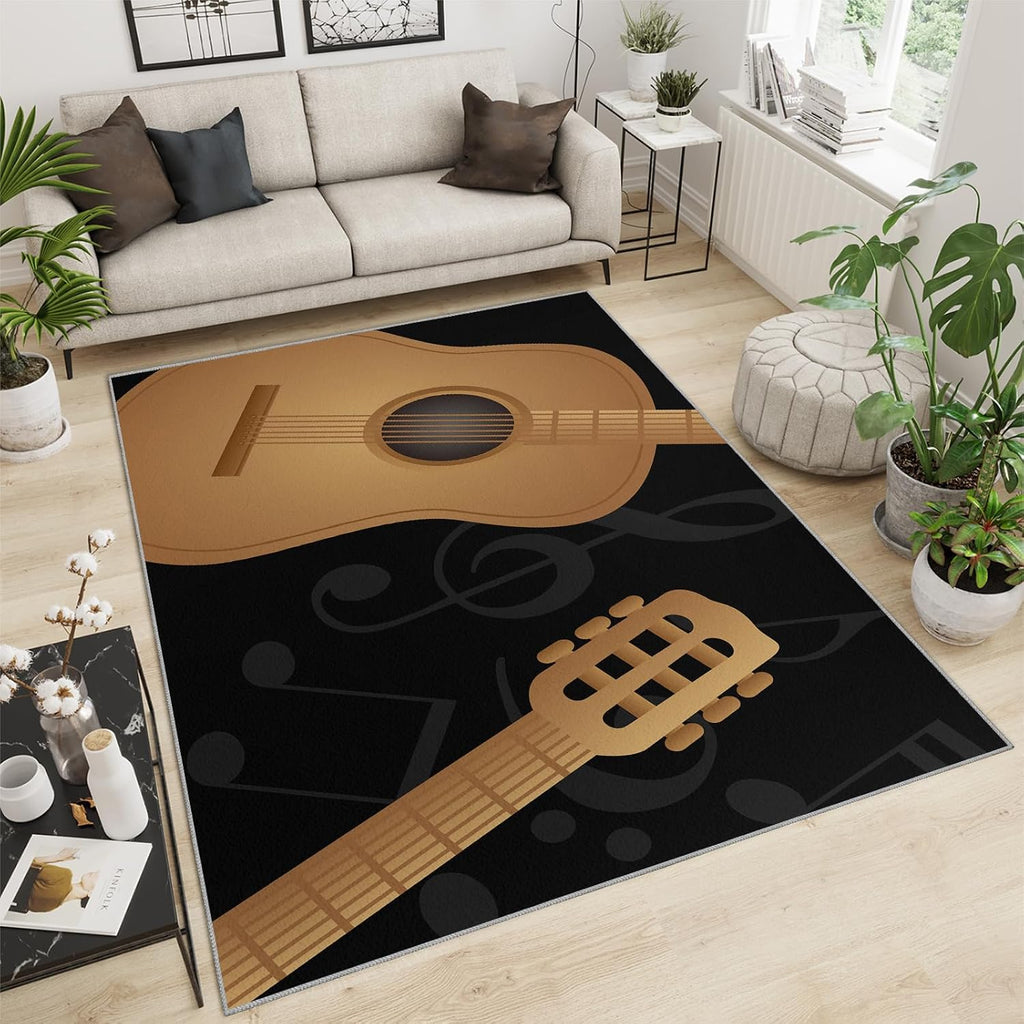 Classical Guitar Music Area Rug, Modern Black Rugs for Living Room, Indoor Non-Slip Kids Rugs, Machine Washable Breathable Durable Carpet for Front Entrance Floor Decor,5 x 6ft