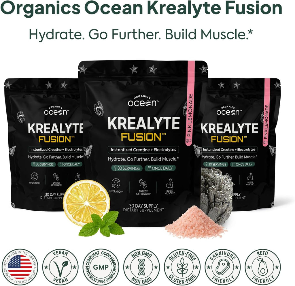 Organics Ocean Krealyte Fusion - Instantized Creatine Monohydrate Powder with Electrolytes - Muscle Strength, Endurance & Hydration Support - Vegan, Sugar-Free, Pink Lemonade Flavor - 120 Servings