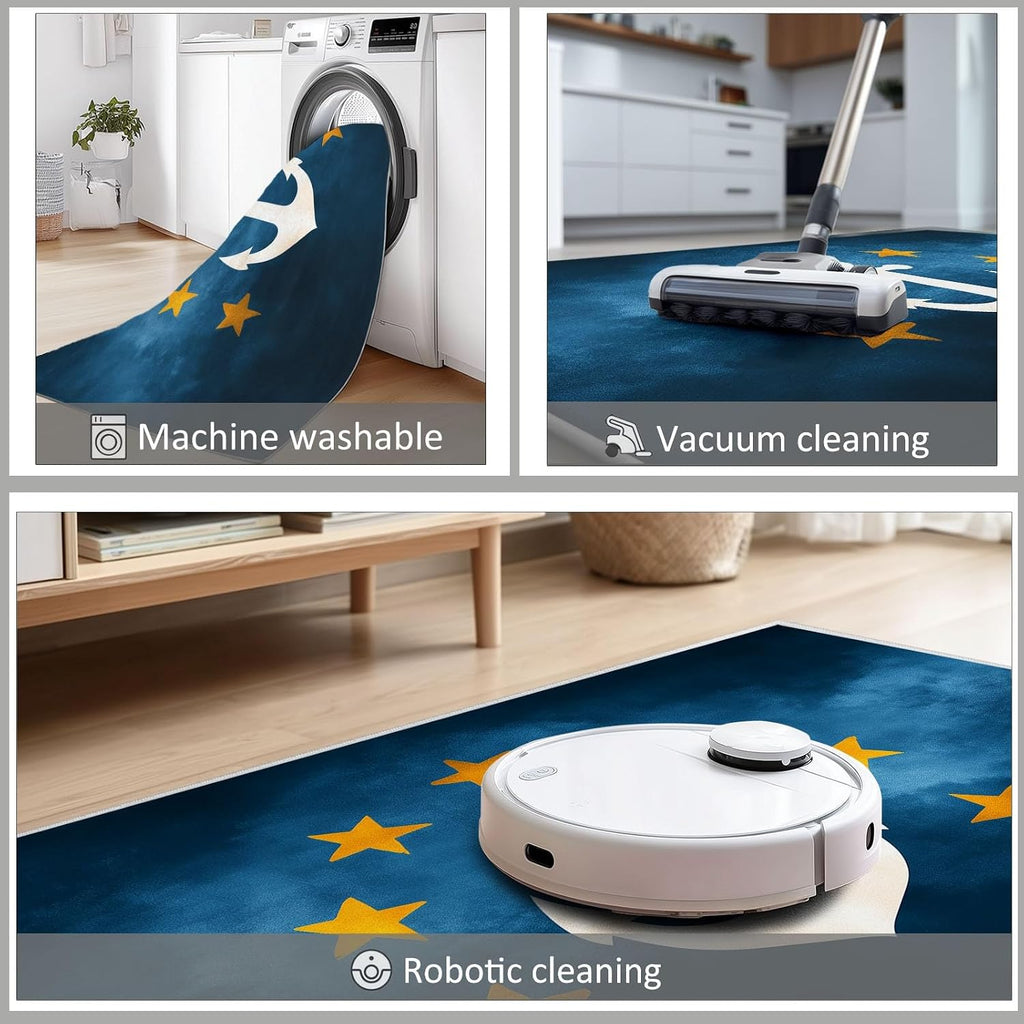 Modern Nautical Theme 5 x 7 ft Area Rug, Retro Stars Gradient Symbols Print Washable Rugs for Living Room - Non-Slip Dining Room Throw Mat Non-Shedding Soft Carpet for Bedside Entry Kitchen