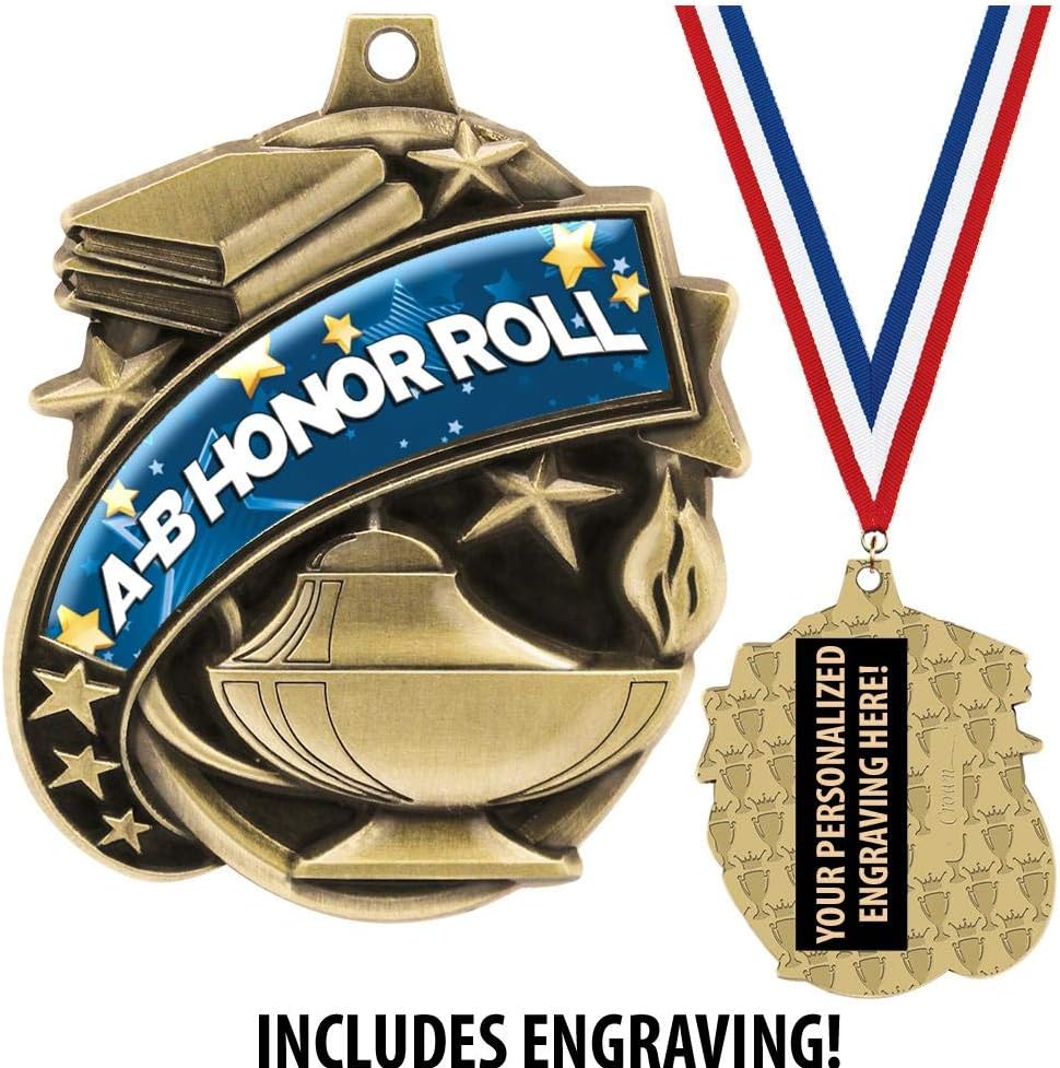 AB Honor Roll Medals - 1 1/2' Gold A-B Honor Roll Medal, Great Academic Awards with Custom Engraving