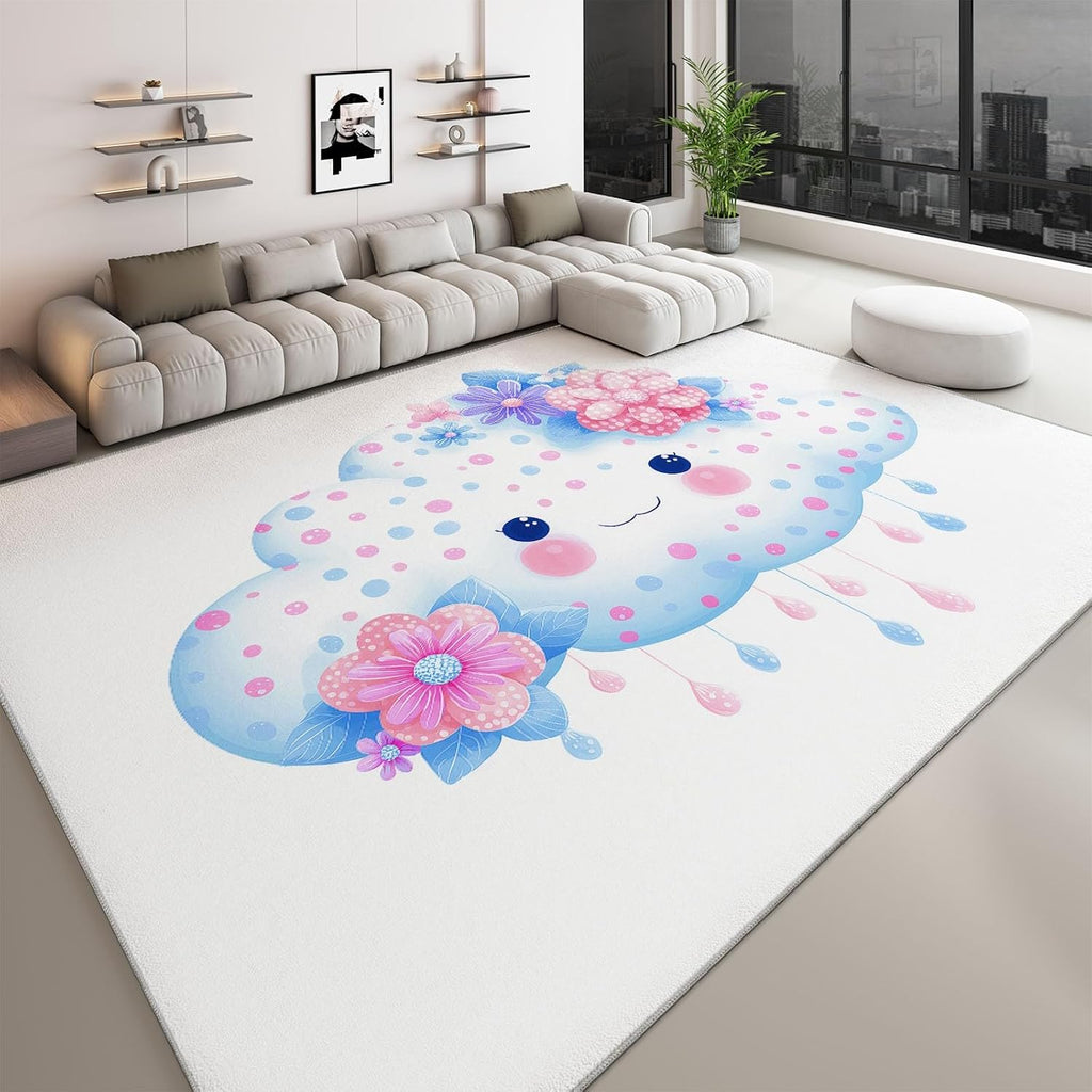 Washable Area Rug 5 x 7 ft, Cartoon Fresh Flowers Clouds Soft Print Kids Area Rugs for Living Room - Non-Slip Stain Resistance White Indoor Carpet for Bedroom Kid Nursery Playroom