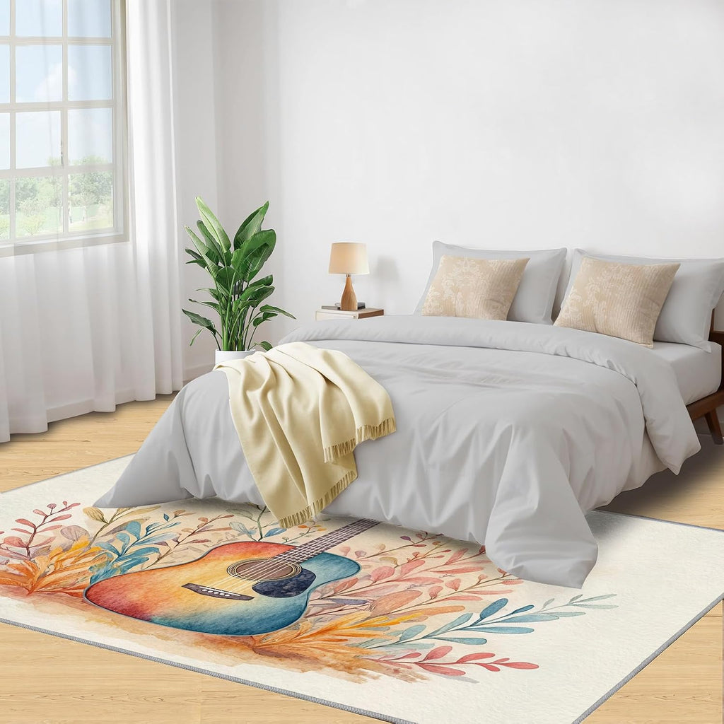 Guitar Rug Large - 5x8 Rug, Boho Floral Washable Rugs for Living Room, Music Carpet, Botanical Non-Slip Area Rugs for Bedroom, Kids Carpet, Guitar Home Decor