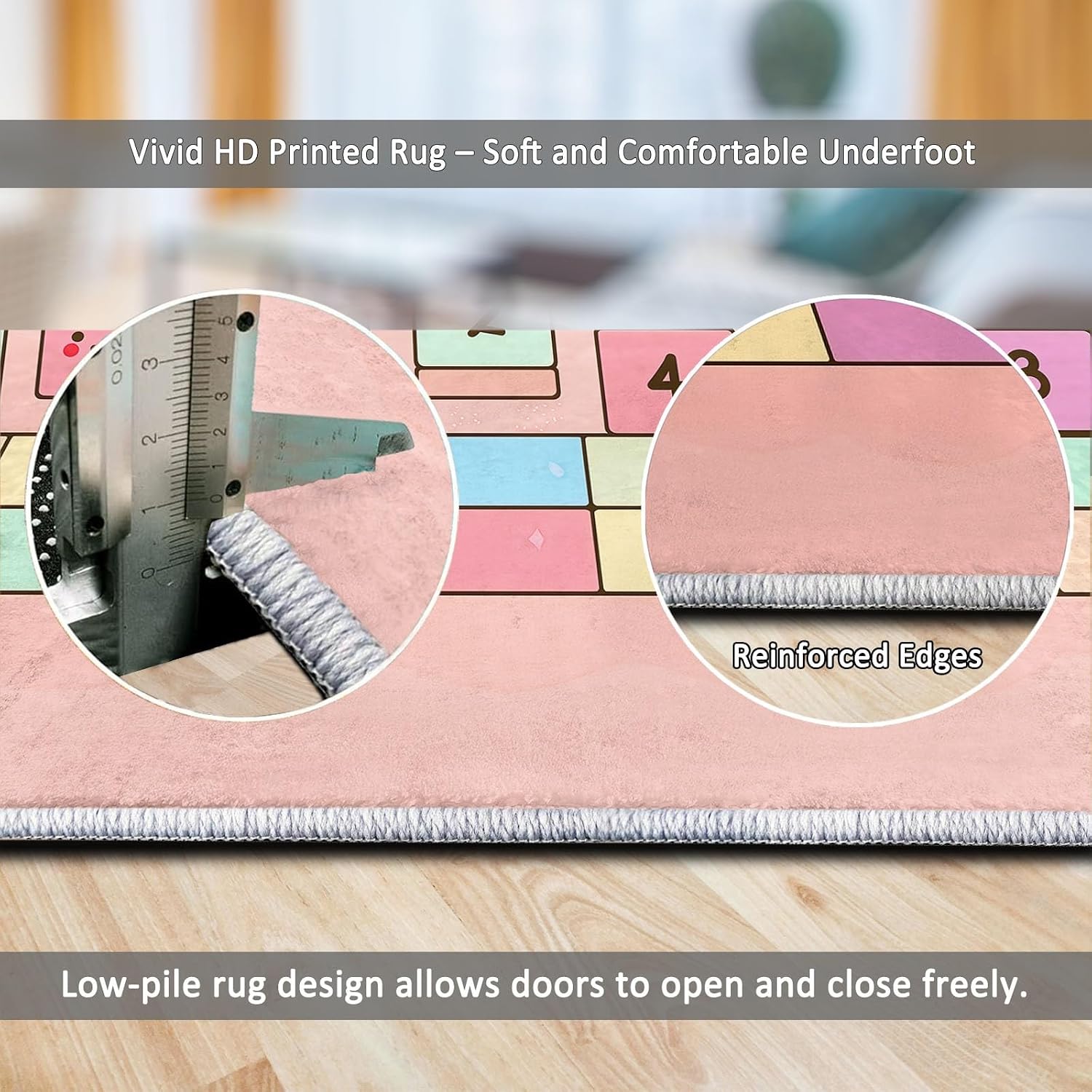 Cartoon Space Geometric Squares Print Area Rug 5 x 7 ft Washable, Pink Non-Slip Floor Mat - Soft Low-Plie Faux Wool Carpet for Bedroom Living Room Kitchen Entryway Pet Friendly Rug
