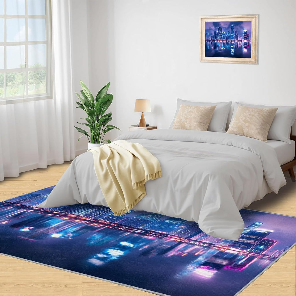 Futuristic Rugs for Living Room 6x8 Rug, Sci-Fi City Area Rug, City Night Scene Rugs, Large Machine Washable Rug, Non-Slip Floor Carpet for Bedroom Kids Room Home Decor