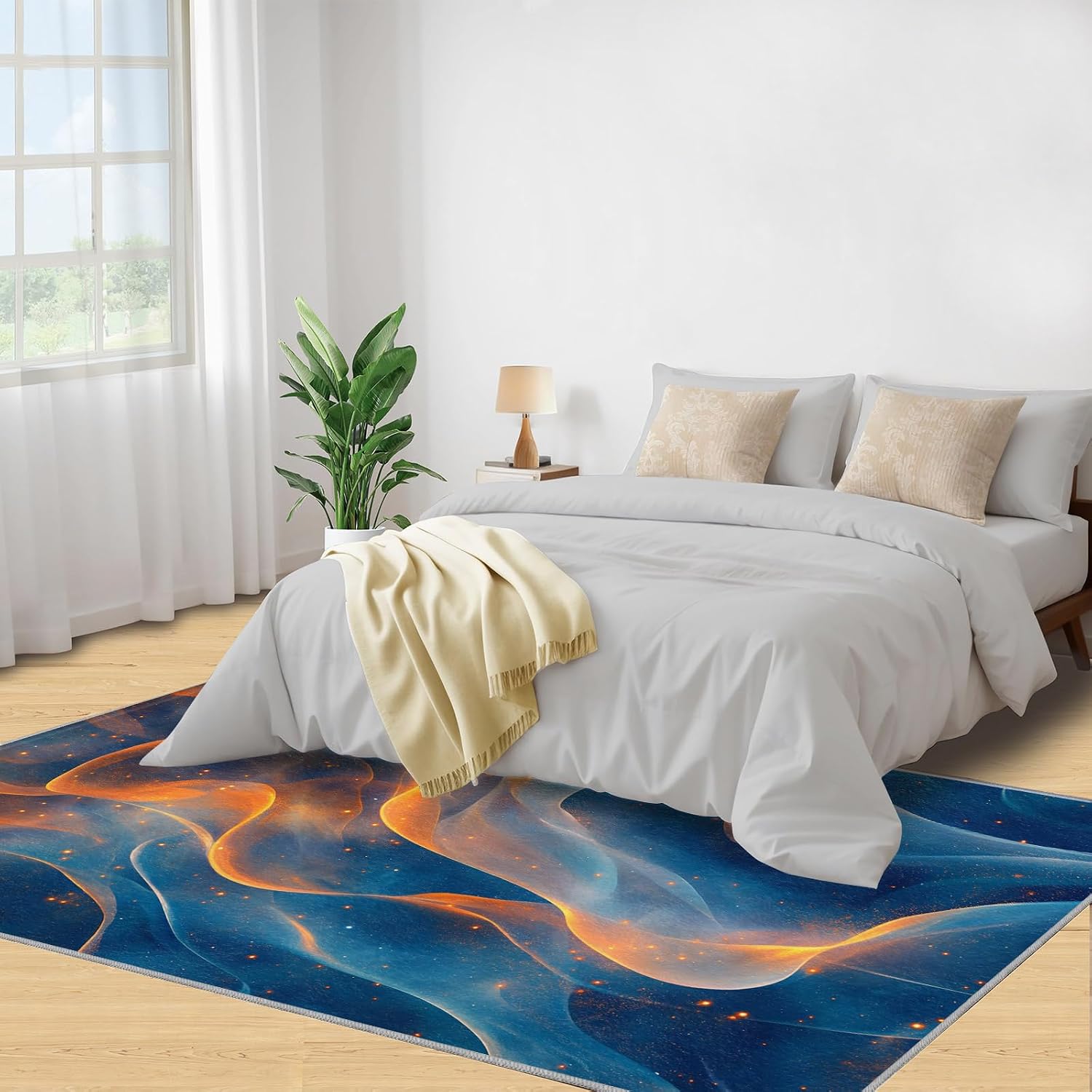 Washable Rugs Blue Rug & Home Decor, Golden Area Rug 6x9, Non Slip & Low Pile Carpet, Abstract Rugs for Bedroom Living Room