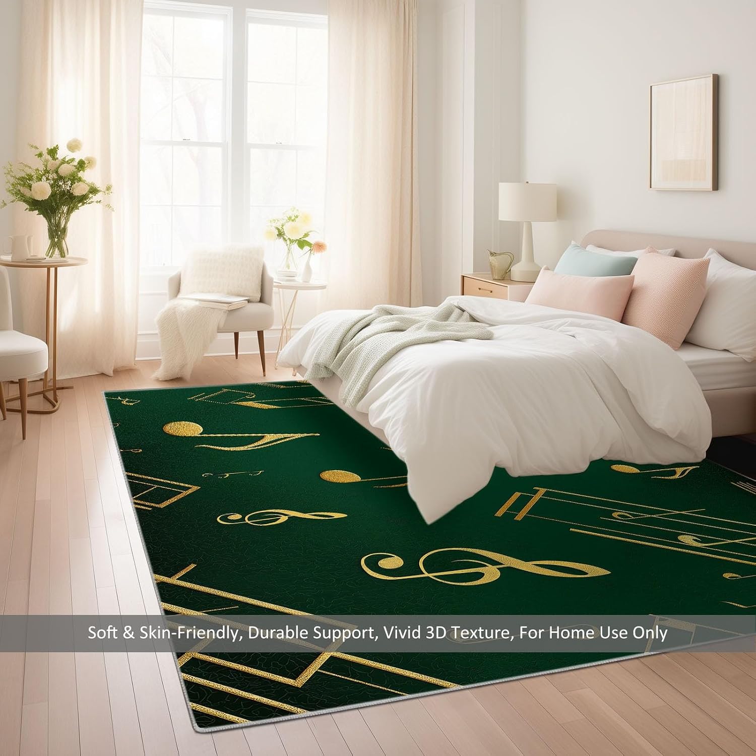 Music Notes Green Stripes Living Room Rug 5' x 7' Area Rug, Washable Carpet Mat for Dining Room, Bedroom, Low Pile Non Slip Stain Resistance Indoor Vintage Carpet