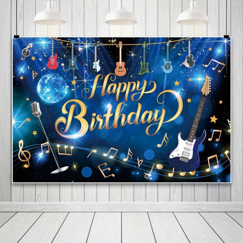 AWERT 20x10ft Blue Popular Music Theme Happy Birthday Background Banner Colorful Guitar Gold Music Notes Photography Backdrop Kids Adults Birthday Party Decoration Supplies