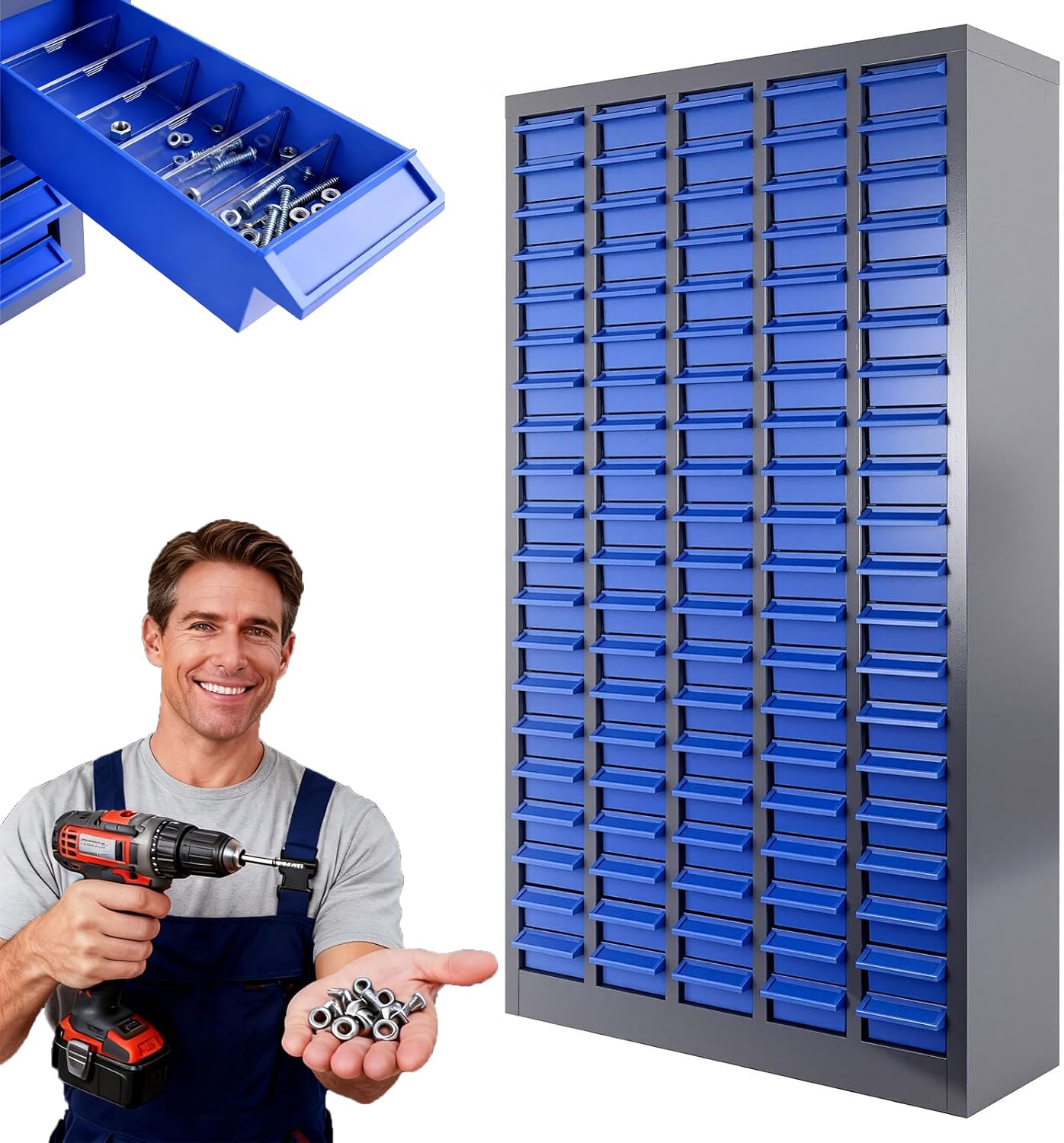 100 Drawers Parts Cabinet, Heavy Duty Bolt and Nut Organizer with Adjustable Dividers and Labels, Tool Storage Cabinet with ABS Drawer for Workshop, Garage (75 Drawers)