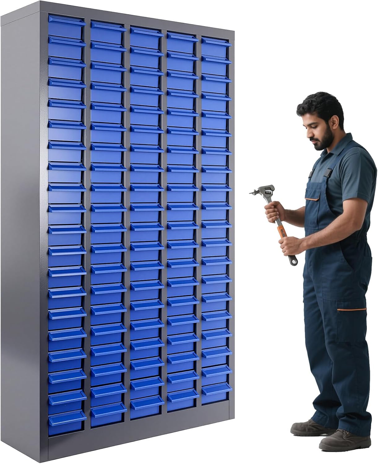 100 Drawers Nut and Bolt Organizer, Stainless Steel Parts Cabinet with 500 Dividers & 200 Labels, Bolt Bin Cabinets for Workshop Tool & Hardware Storage and Organization, Blue Grey