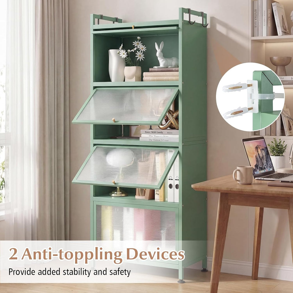 LDAILY 5-Tier Kitchen Storage Cabinet, Mobile Microwave Stand with Metal Frame, Double Anti-toppling Device, 4 Rolling Casters, Freestanding Bakers Rack for Kitchen, Dining Room, Living Room (Green)
