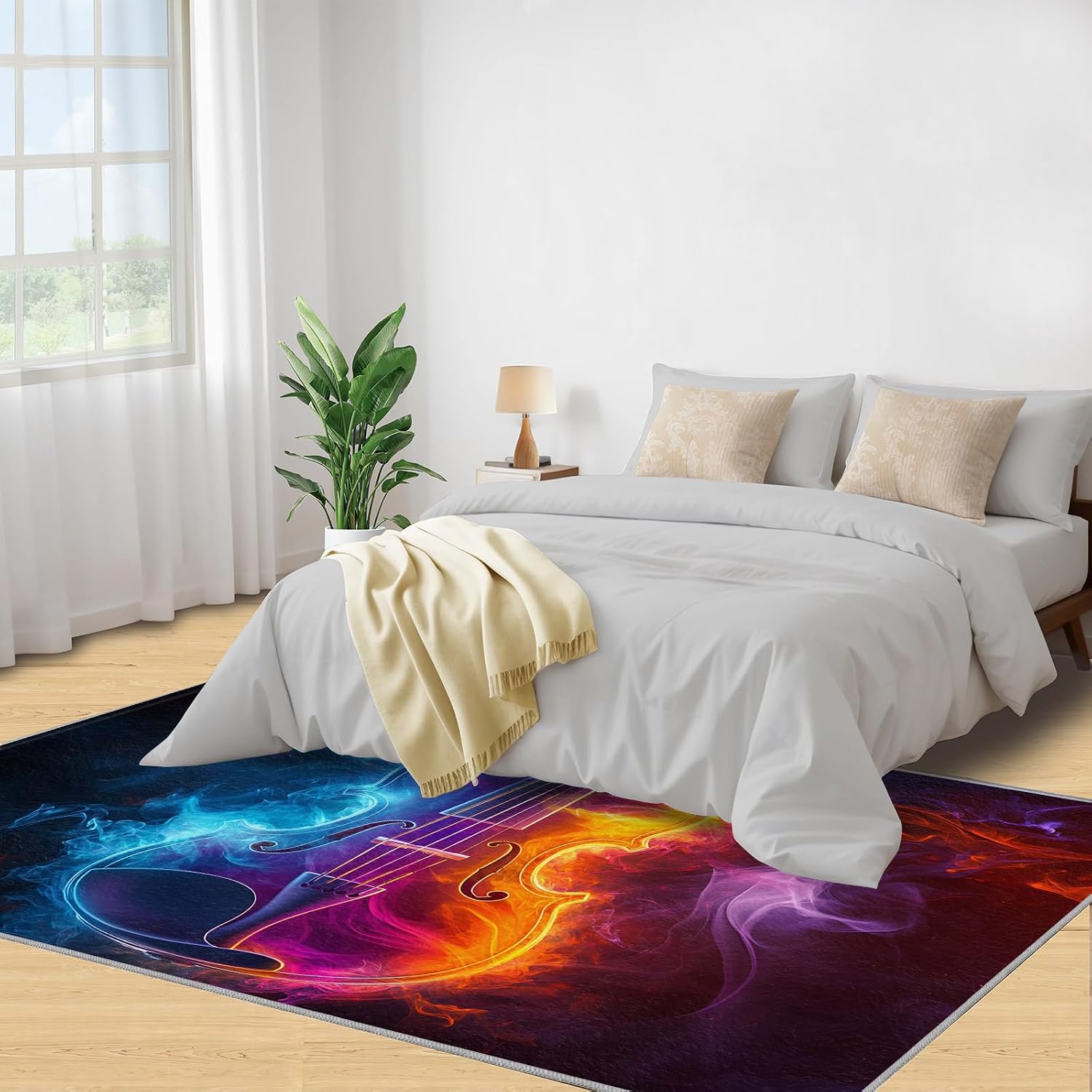 Guitar Rug 6x9-6x9 Rug, Ice and Fire Area Rugs for Bedroom, Music Rugs for Living Room, Boys Room Washable Mat, Rock Style Carpet, Guitar Home Decor & Gifts