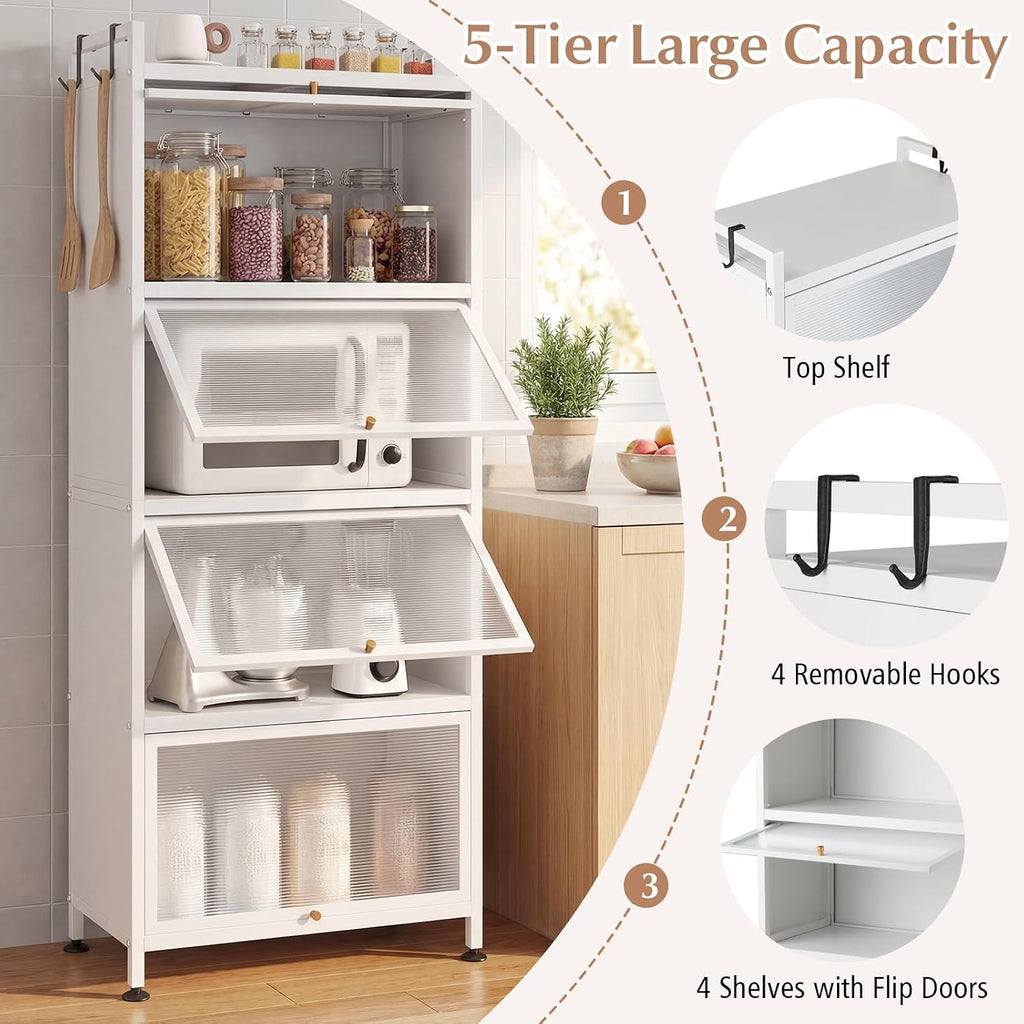 LDAILY 5-Tier Kitchen Storage Cabinet, Mobile Microwave Stand with Metal Frame, Double Anti-toppling Device, 4 Rolling Casters, Freestanding Bakers Rack for Kitchen, Dining Room, Living Room (White)
