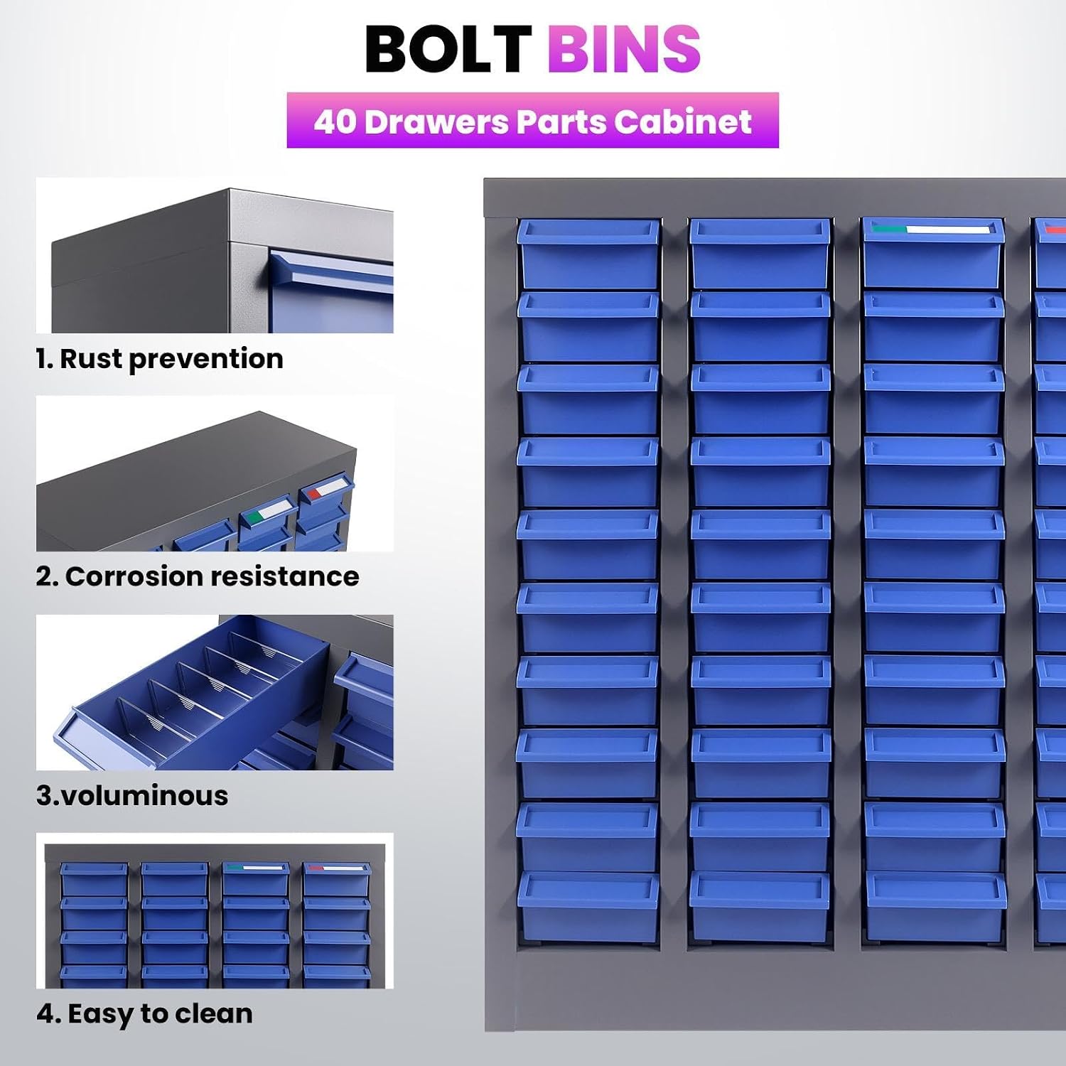 40-Drawer Parts Cabinet, Steel Bolt and Nut Bolt Organizer, Bolt Bins with ABS Drawers & Tool Storage Labels, Nut and Bolt Organizer for Workshop, Garage Tool Organization, Home and Office