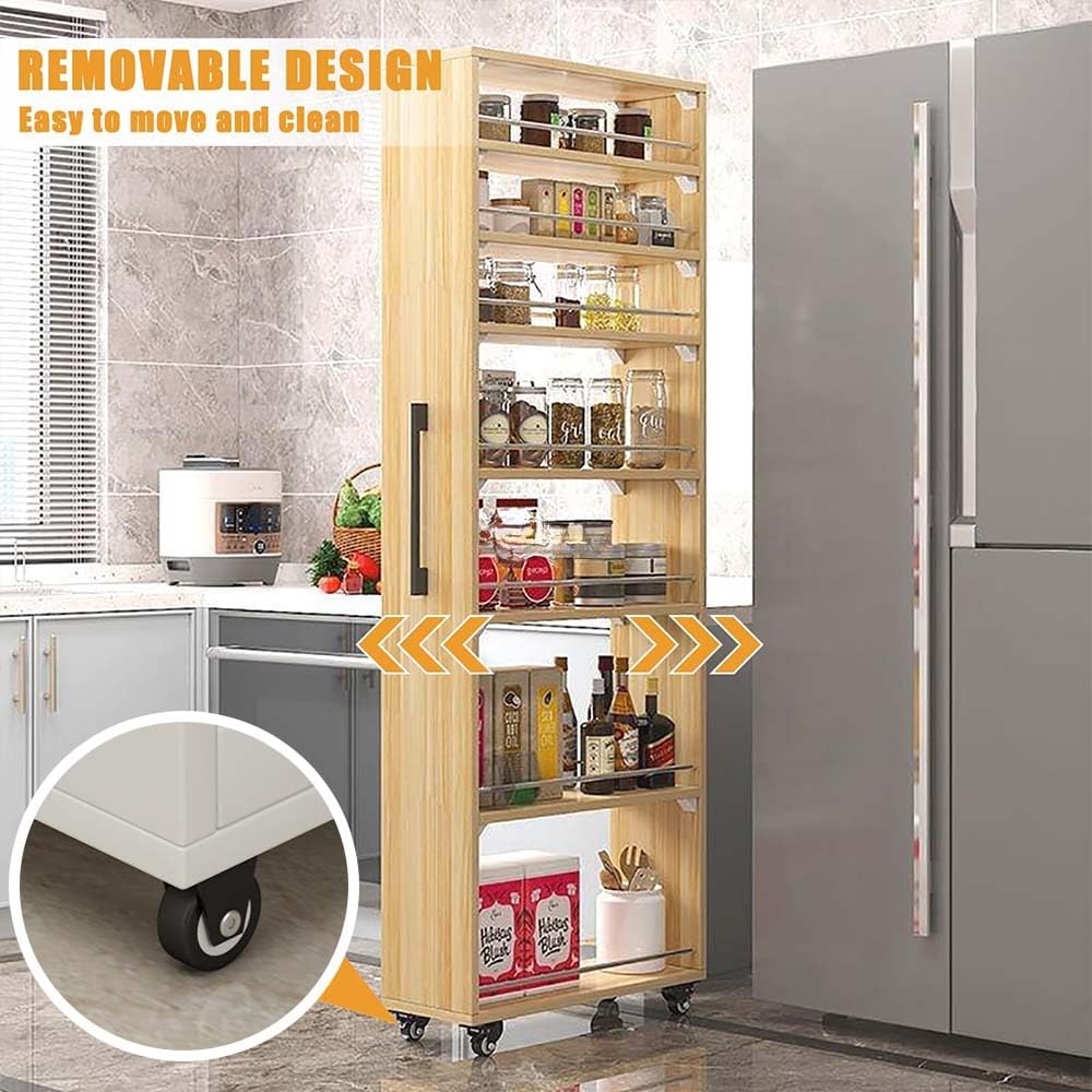 Slim Storage Cart with Wheels, Next to Fridge Storage Spice Rack, Kitchen Rolling Cart, Wood Storage Organizer for Kitchen, Bakers, Pantry, Dining Room (White,6' L x 18' W x 73' H)
