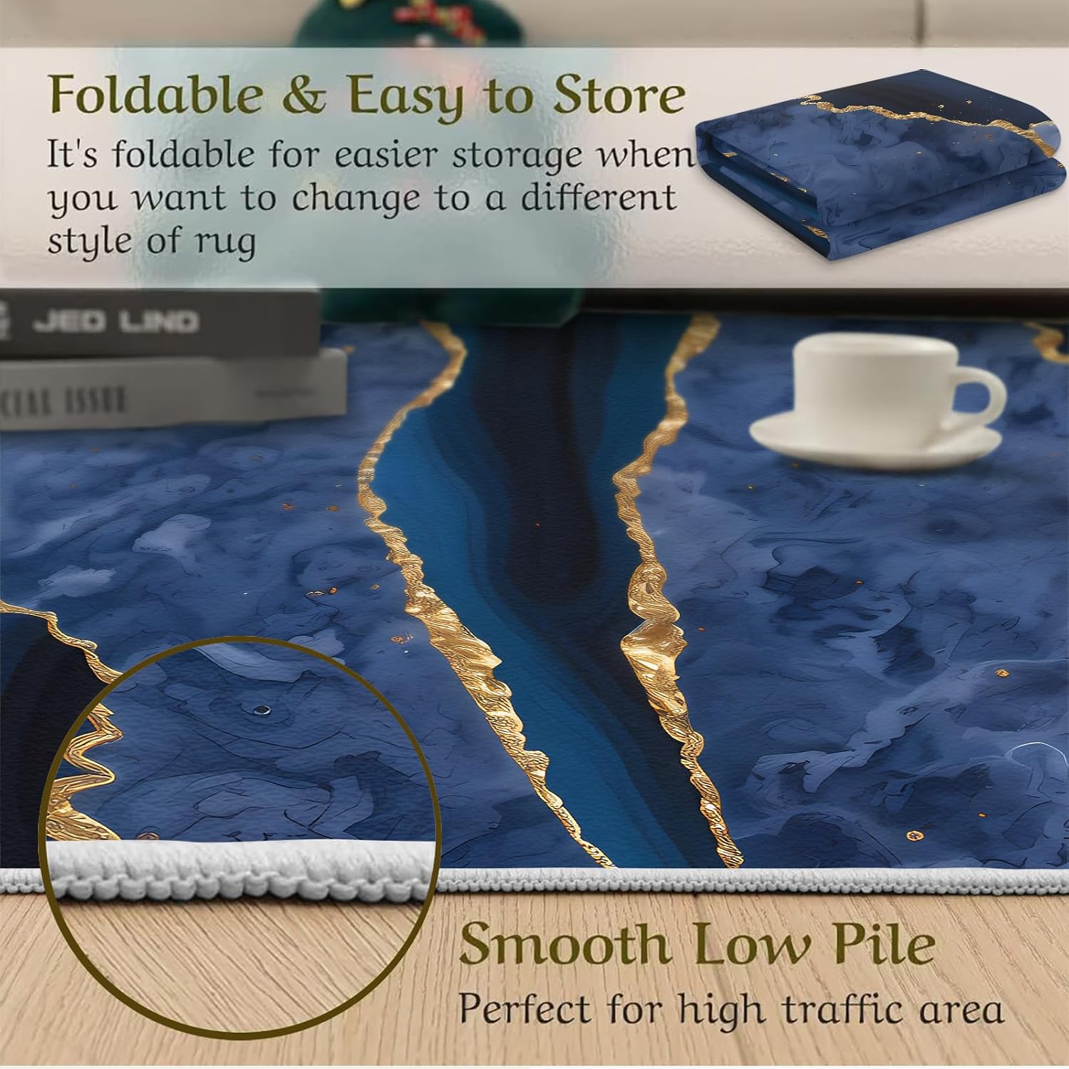 Navy Blue Marble Texture Area Rug, Luxurious Ink Gilt Stripes Large Rugs, Indoor Non-Slip Kids Rugs, for Room Sofa Living Room Mat Bedroom Home Decor Floor Mats,6 x 8ft