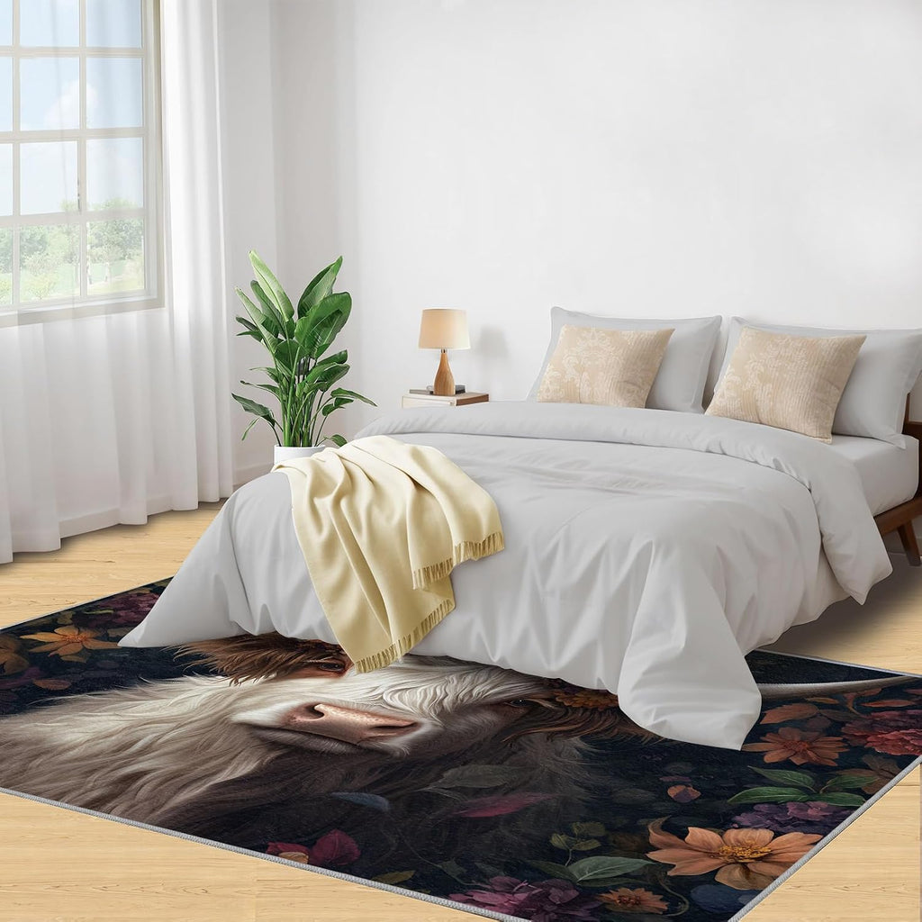 Cow Rug 6x8, Flowery Cow Rugs for Bedroom, Farm Animals Rugs for Living Room, Non Slip Area Rug, Housewarming Gifts & Indoor Floor Mats