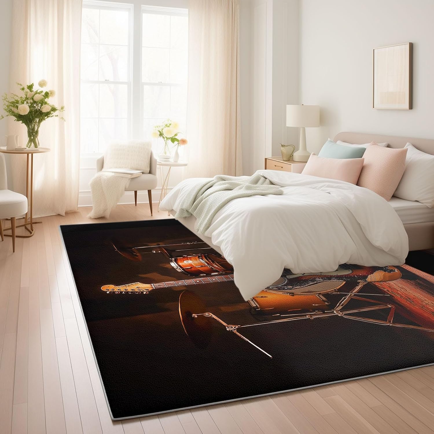 5 x 7 ft Area Rugs for Living Room Retro Style Drum Set Guitar, Black Soft Washable Bedroom Non-Slip Modern Rug, Stain Resistant with Rubber Back Carpet, for Kids Playroom Nursery Dining Room Mat