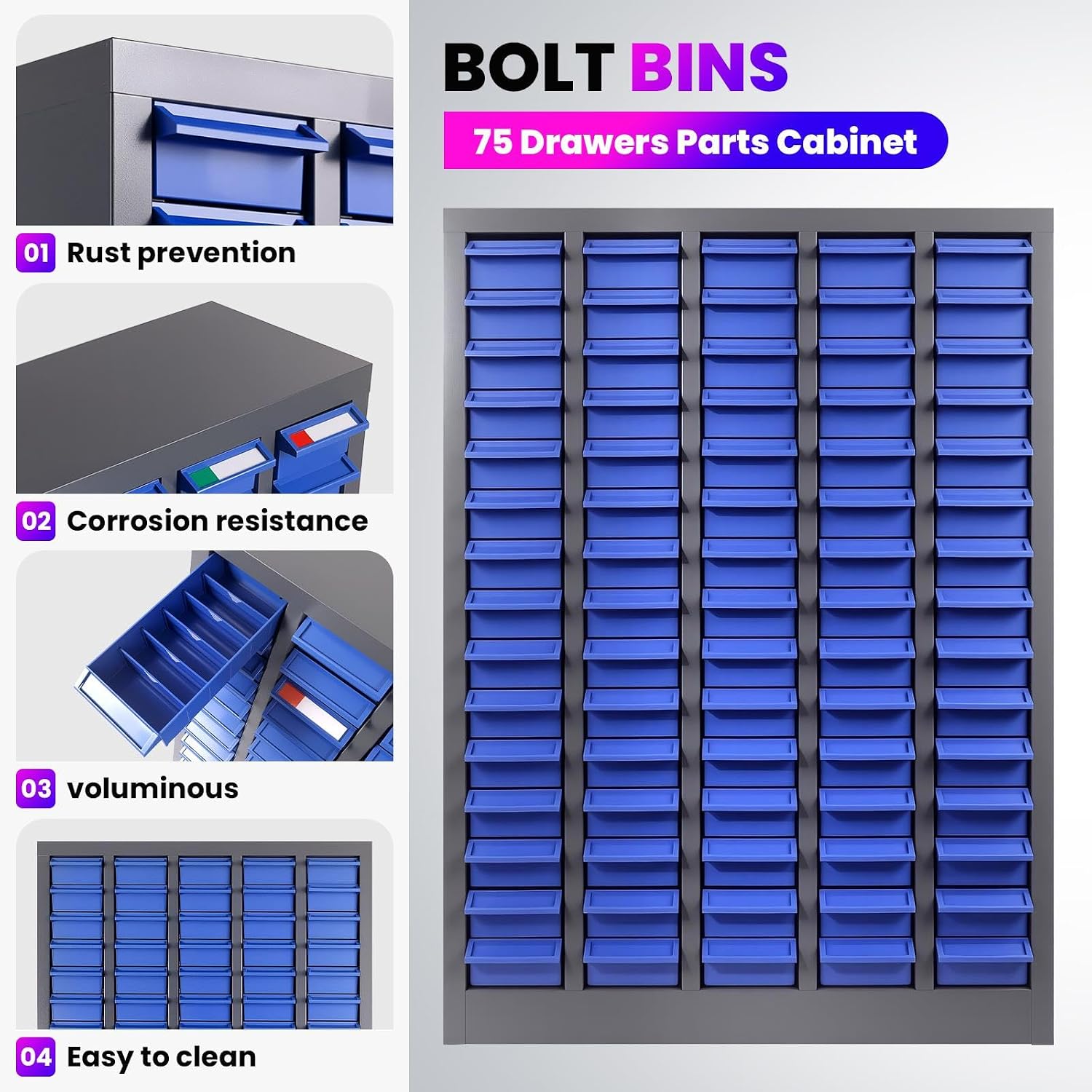 75 Drawers Nut and Bolt Organizer with Label, Opaque ABS Plastic Industrial Organizer with Labels, for Garage Workshop Craft Art Hobby