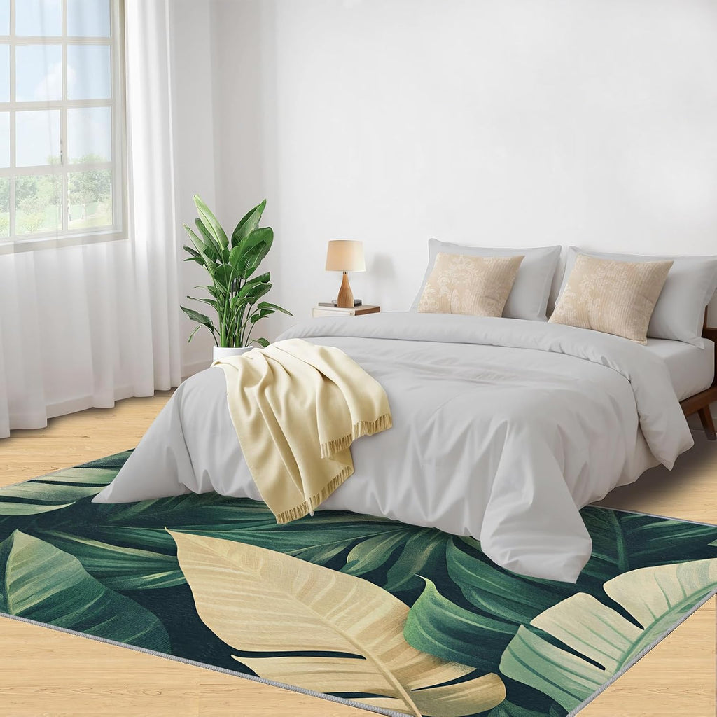 Leaves Area Rug - 6x9 Rug, Banana Leaf Rugs for Living Room, Tropical Botanicals Washable Rugs for Bedroom, Non Slip & Low Pile, Indoor Carpet & Home Decor