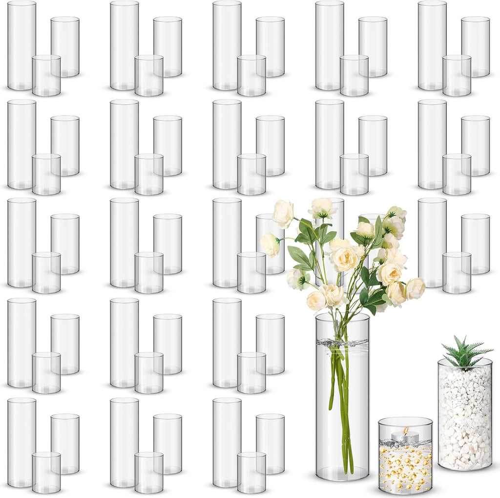 Nuogo 60 Pcs Plastic Cylinder Vases Tall Plastic Flower Vases for Centerpieces Hurricane Candle Holder for Home Wedding Office Party Formal Dinners Decorations (4''/6''/8'')