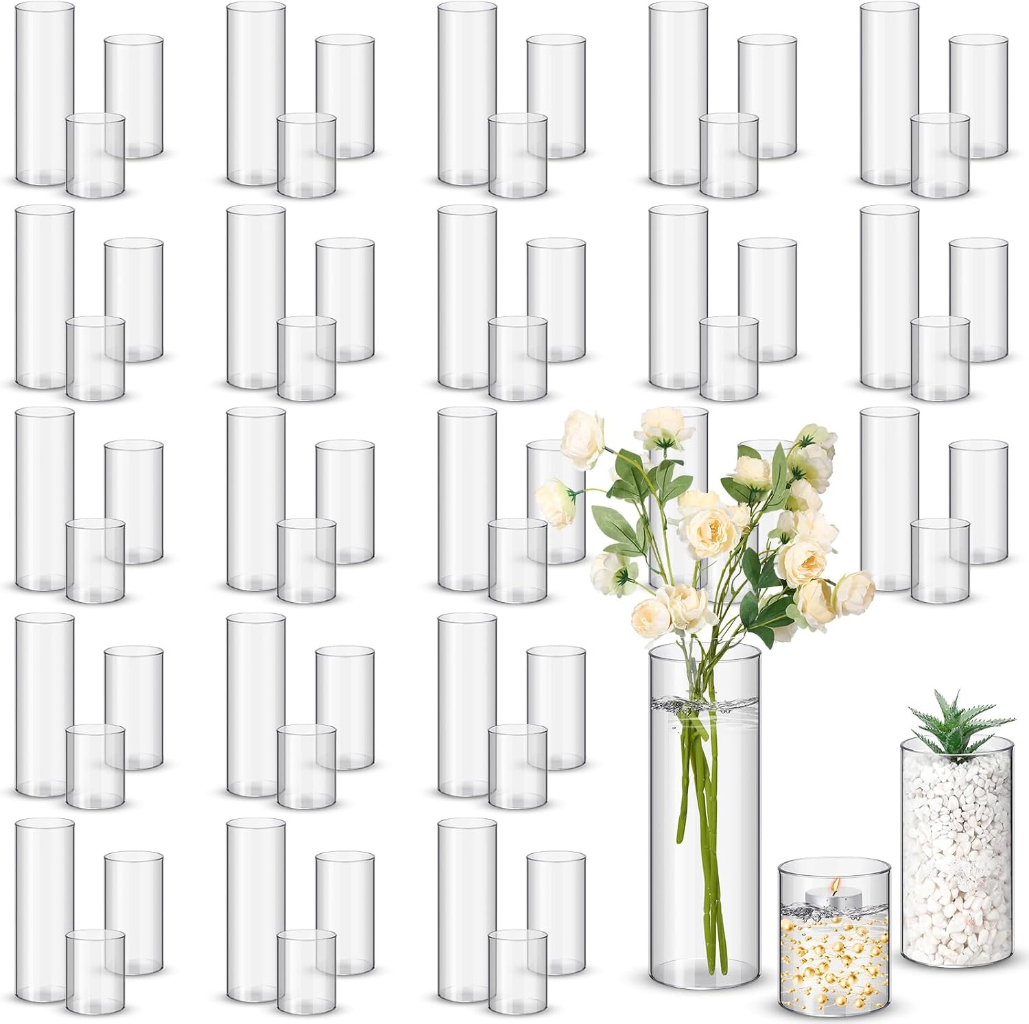 Nuogo 60 Pcs Plastic Cylinder Vases Tall Plastic Flower Vases for Centerpieces Hurricane Candle Holder for Home Wedding Office Party Formal Dinners Decorations (4''/6''/8'')