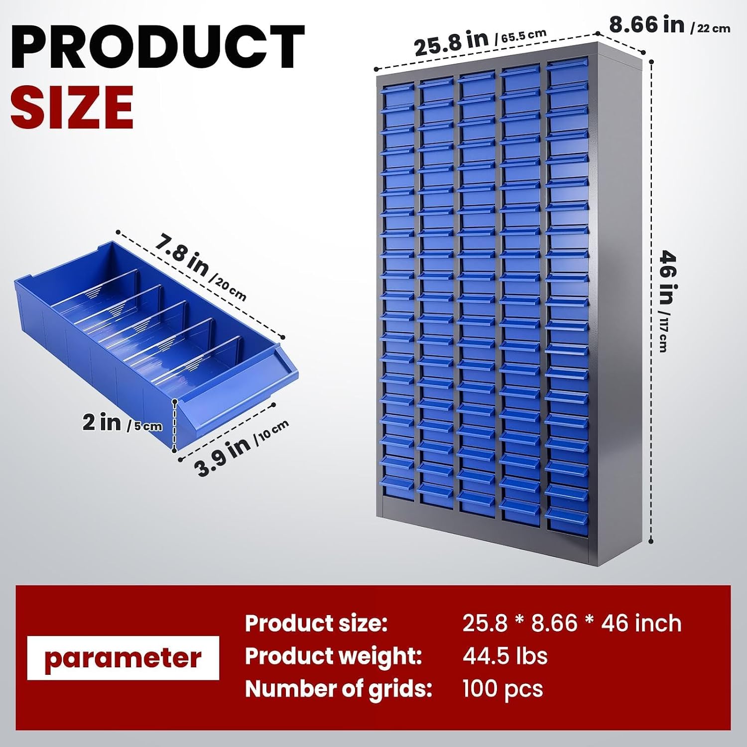 Nut and Bolt Storage Cabinet with ABS Drawer,Steel Small Parts Storage Organizer,46' H X 9' D X26 W Screw Organization for Garage Hardware,Nails,Fastener,Bolts,Nuts,and More (100 ABS Drawers)