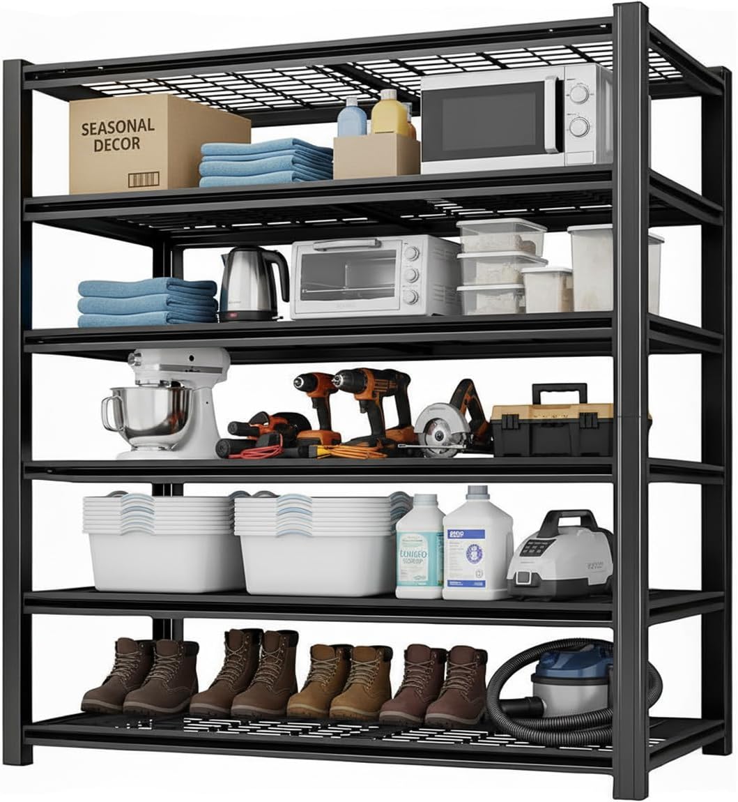 Storage Shelving Unit 6-Tier Heavy Duty Garage Shelves Metal Organizer Utility Rack for Kitchen Pantry Basement Pantry Warehouse Laundry Black 84' H x 55' W x 24' D 3000LBS