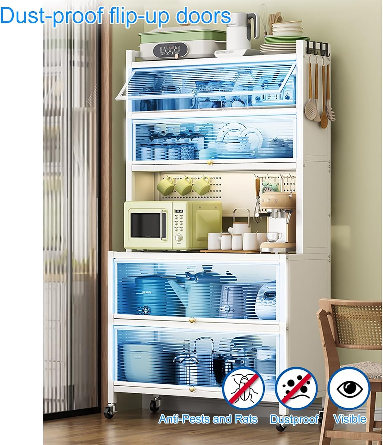 White Baker's Rack with Storage Drawer - Microwave Stand Cabinet, Metal Shelves for Kitchen, Garage, Pantry, Spices, Flip Door Pegboard Accessories, Space-Saving Organize,White,100cm/40in