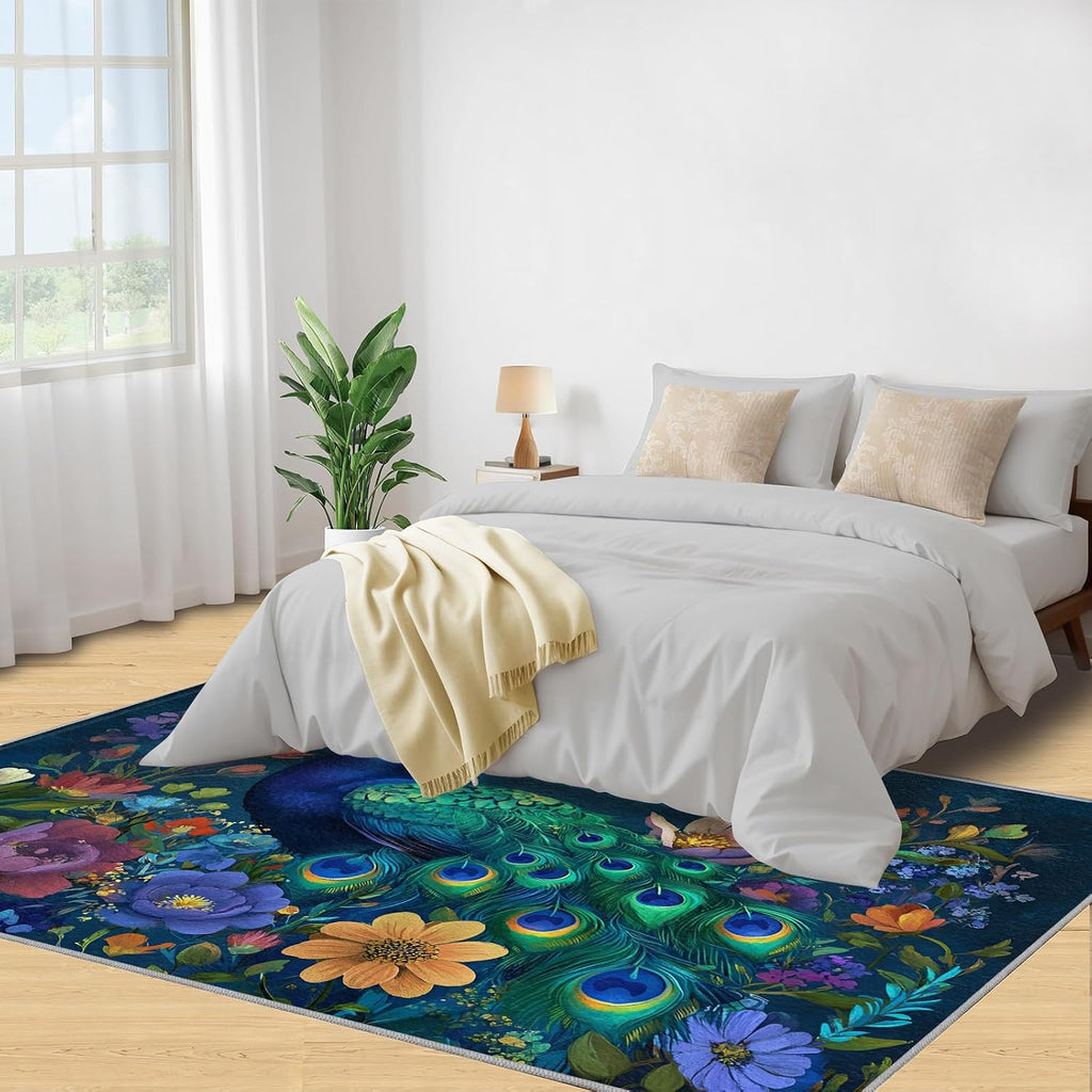 Peacock Rug 6x9 Area Rug Blue Bird Washable Rugs Dark Floral Rugs for Living Room Bedroom Decor Low Pile & Non Slip Indoor Carpet