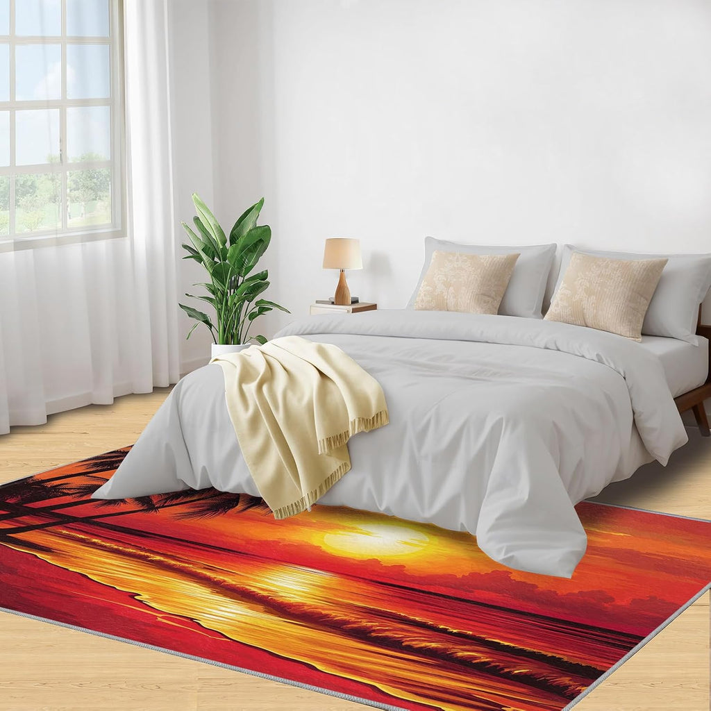 Beach Area Rug 5x7, Ocean Theme Rugs for Bedroom, Sunset Scenery Rugs for Boys Room, Low Pile Non Slip Carpet for Computer Game Room Dormitory