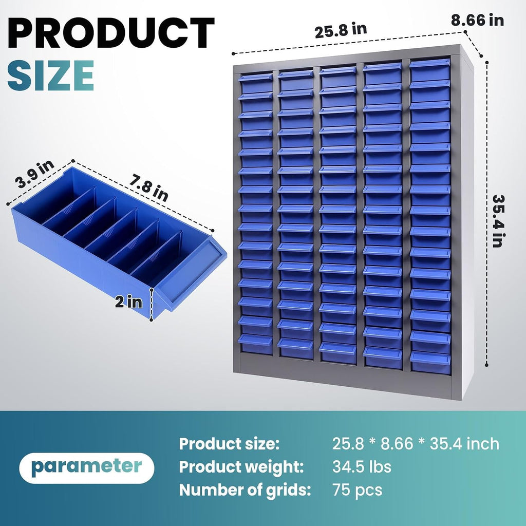 75 Drawers Parts Cabinet, Alloy Steel Tool Storage with Dividers, Nut and Bolt Organizer 25.8''L× 8.66''W×46''H, 44.5lbs Capacity for Tool Harware and Workshop, Blue (75 Drawers)