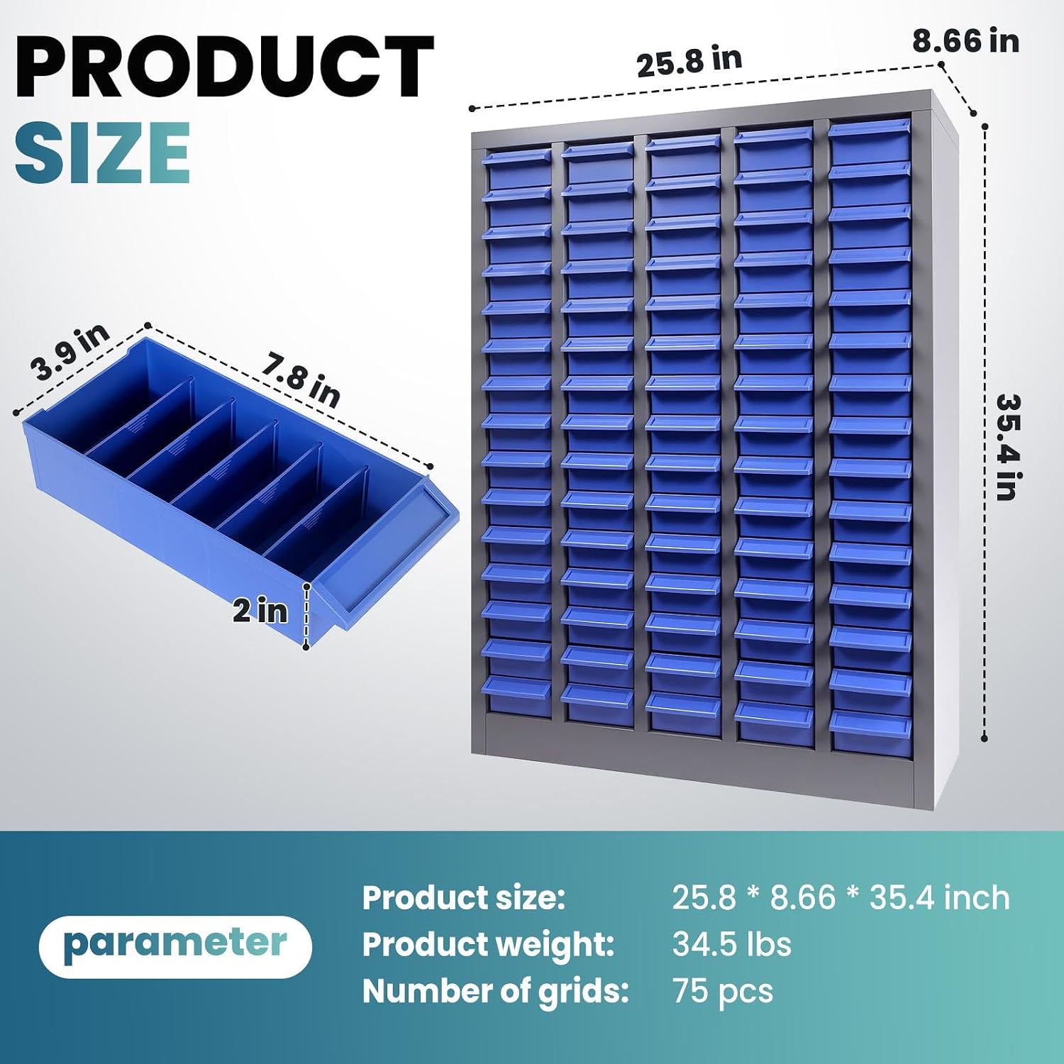 75 Drawers Parts Cabinet, Alloy Steel Tool Storage with Dividers, Nut and Bolt Organizer 25.8''L× 8.66''W×46''H, 44.5lbs Capacity for Tool Harware and Workshop, Blue (75 Drawers)