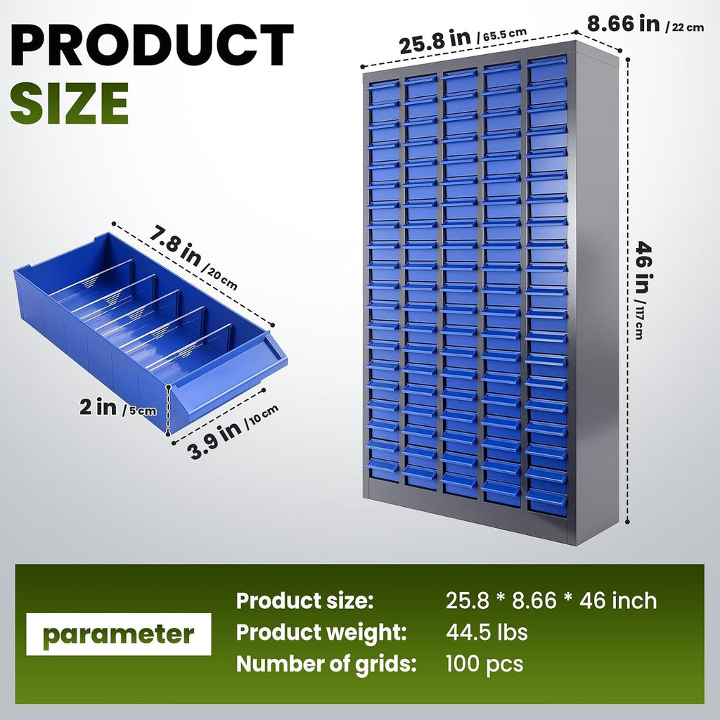 100-Drawer Grey Parts Cabinet, ABS Material Nuts Bolts Screw Nail Bins Tool Storage Cabinet Screw Drawer Organizer, Heavy-Duty Industrial Parts Cabinet for Workshop, Office, Hardware (100 Drawers)