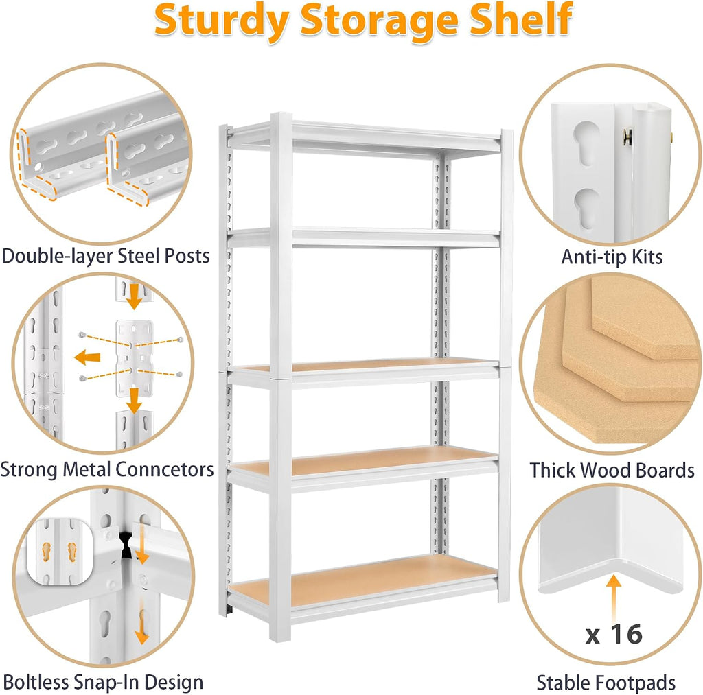 5 Tier White Storage Shelves - Adjustable Pantry Shelves Metal Closet Shelf, Heavy Duty Shelving Unit Utility Rack Organizer for Kitchen Closet Pantry Garage, 28' W x 12' D x 59' H, Set of 2