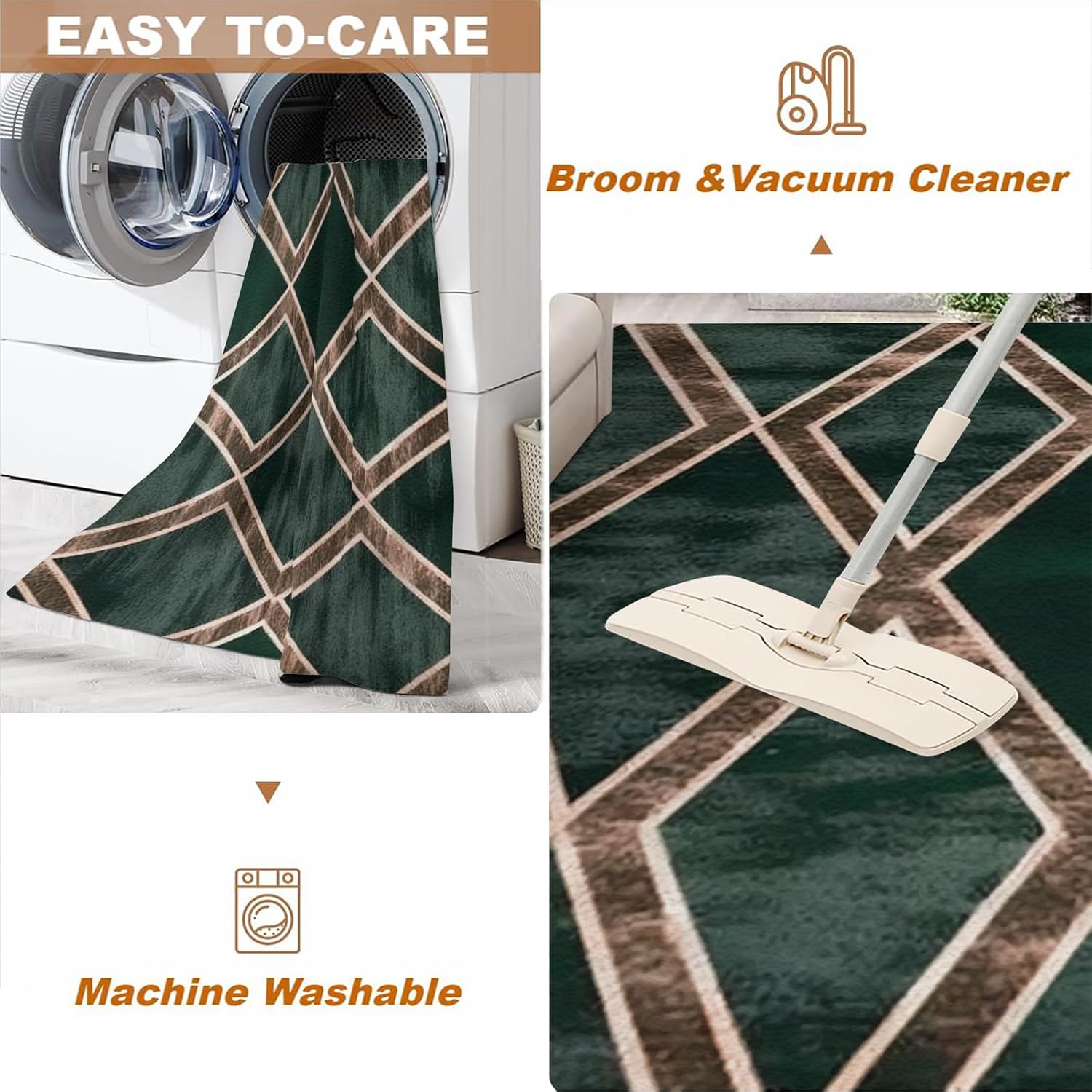 Dark Green Graffiti Texture Area Rug, Golden Line Diamond Stitching Indoor Non-Slip Kids Rugs, Machine Washable Breathable Durable Carpet for Living Dining Dorm Room Bedroom Decor,6 x 8ft