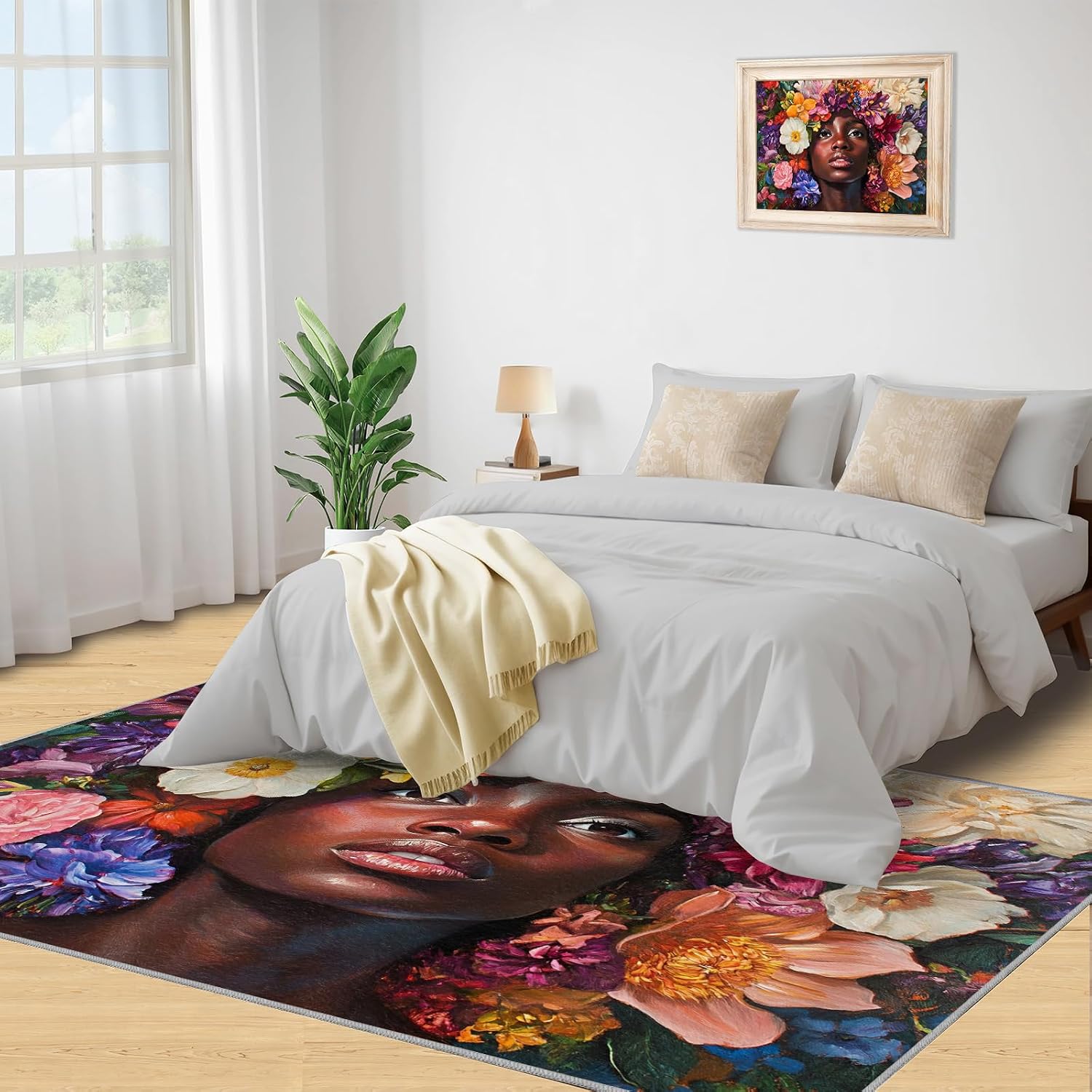 African Women Bedroom Rug, Flowers Area Rug, Home Decor Carpet for Sofa Under Living Room Floor Mat 6x8