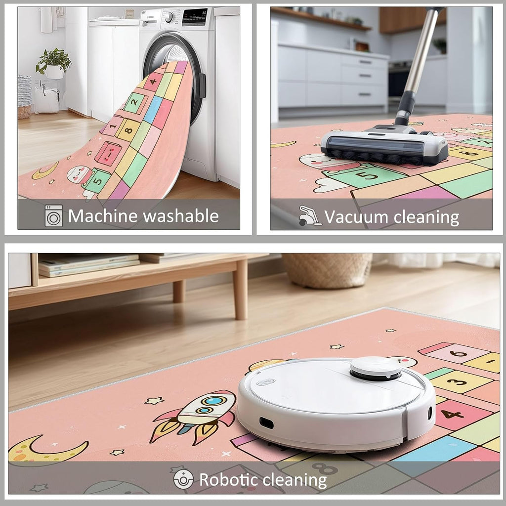 Cartoon Space Geometric Squares Print Area Rug 5 x 7 ft Washable, Pink Non-Slip Floor Mat - Soft Low-Plie Faux Wool Carpet for Bedroom Living Room Kitchen Entryway Pet Friendly Rug
