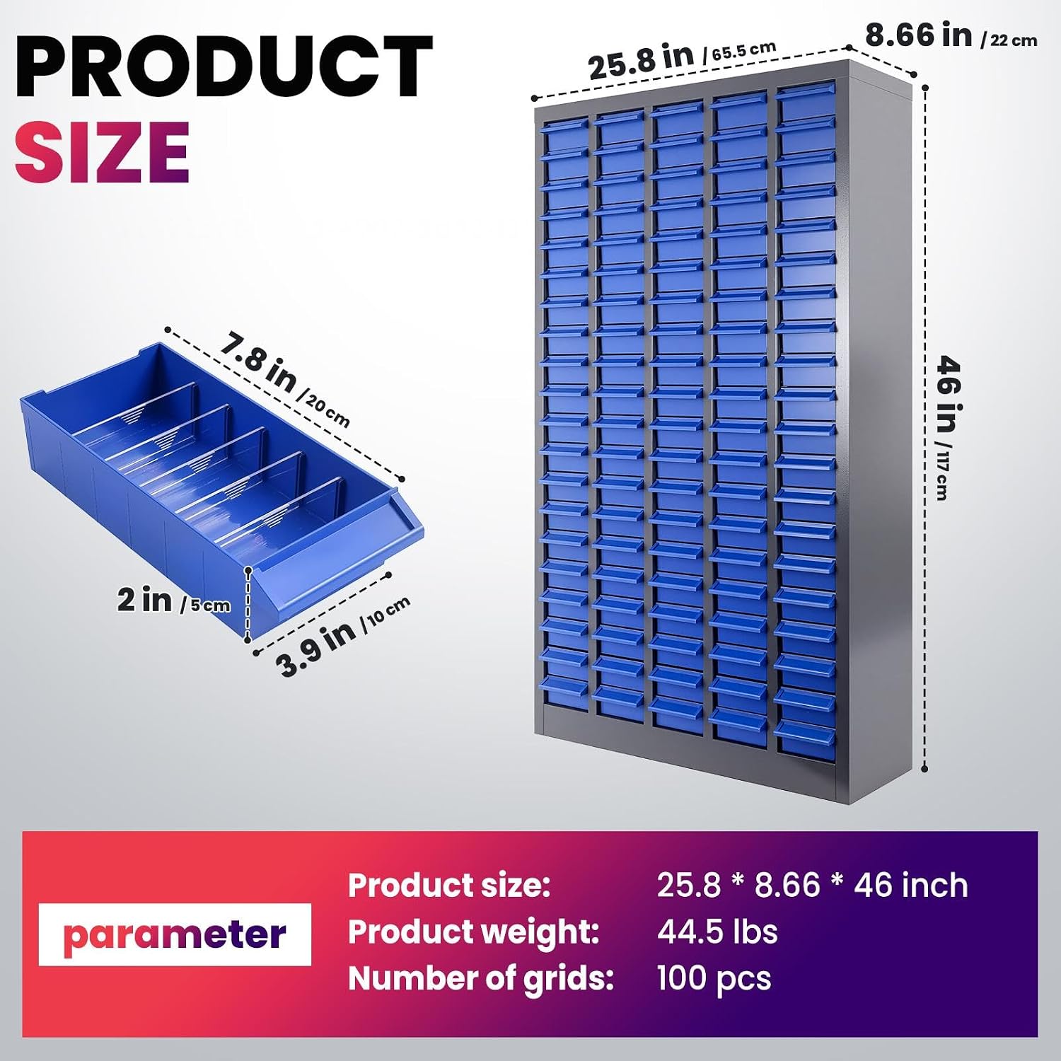 Alloy Steel Nuts and Bolts Organizers and Storage , 8.66'D x 25.8'W x 35.4'H, ABS Material Drawer Parts Cabinet with Labels and Dividers, Small Parts Organizer for Workshop, Office，Home (100 Drawers)