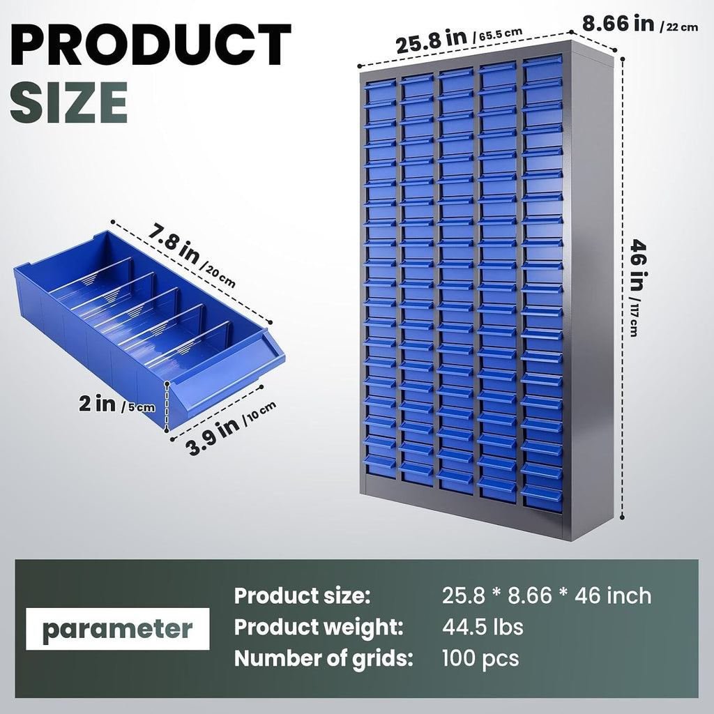 100 Drawers Parts Cabinet, (25.8'×8.66'×35.4') Nut and Bolt Organizer with Adjustable Dividers, Cold-Rolled Steel Frame & ABS Drawers, Label Slots for Workshop, Garage (100 Drawer)