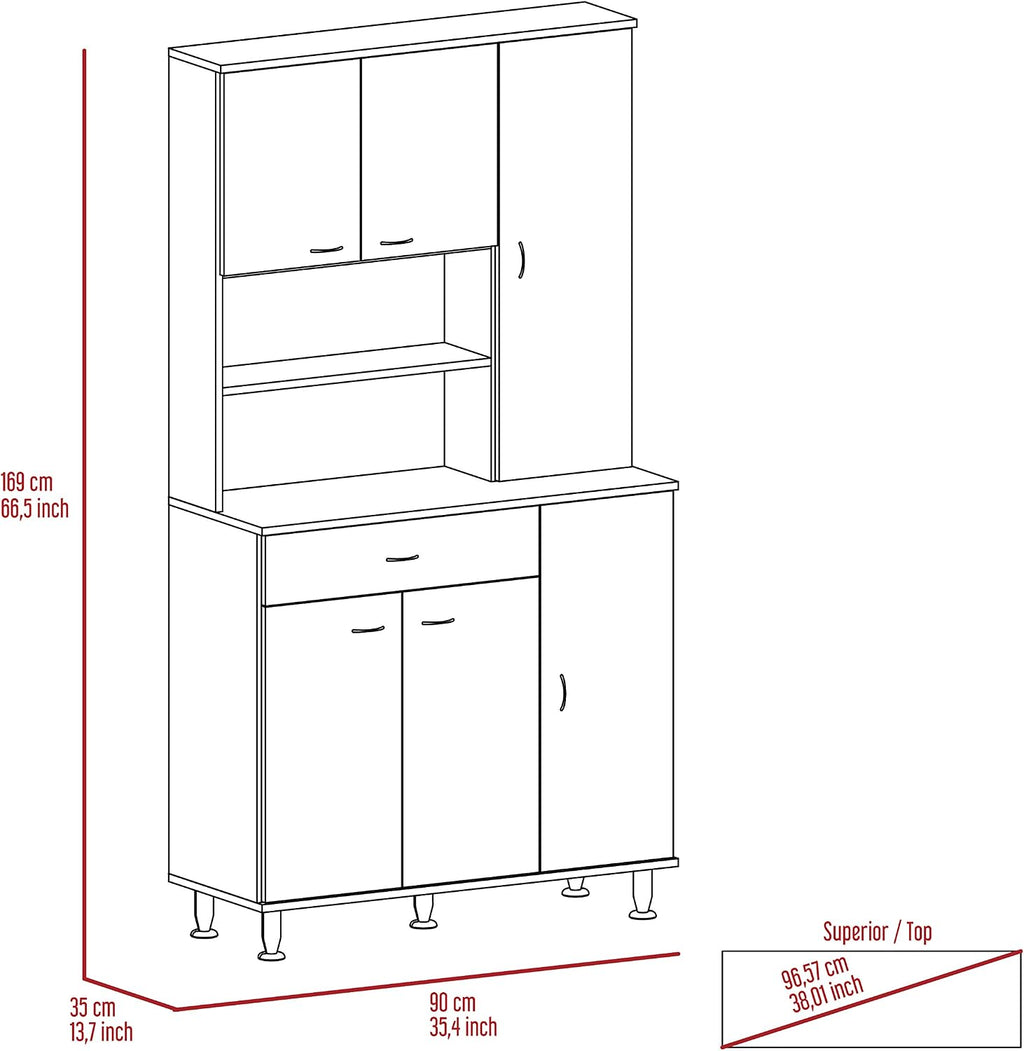 66' High-Capacity Freestanding Storage Cabinet, Kitchen Storage Bakers Rack with Multi-Shelves, Utility Food Cupboard with Drawer for Home Kitchen Areas, White