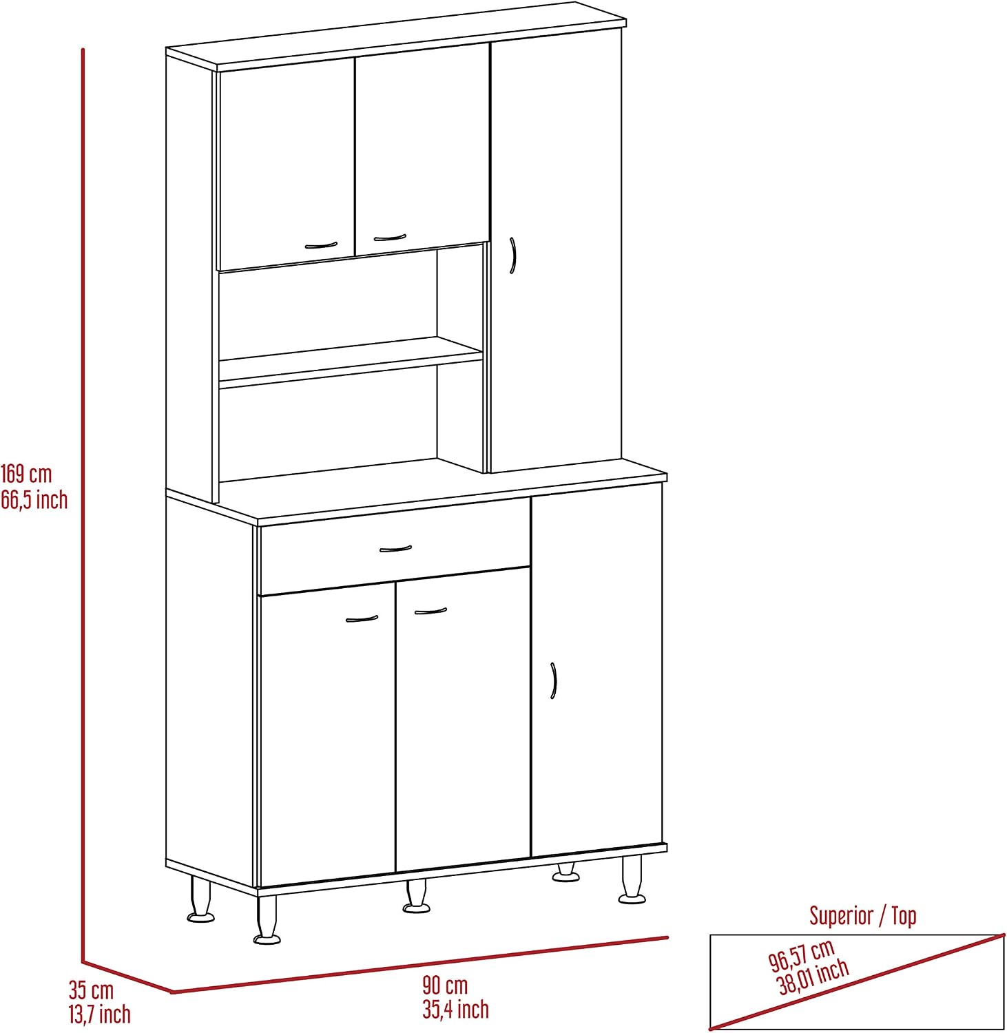 66' High-Capacity Freestanding Storage Cabinet, Kitchen Storage Bakers Rack with Multi-Shelves, Utility Food Cupboard with Drawer for Home Kitchen Areas, White