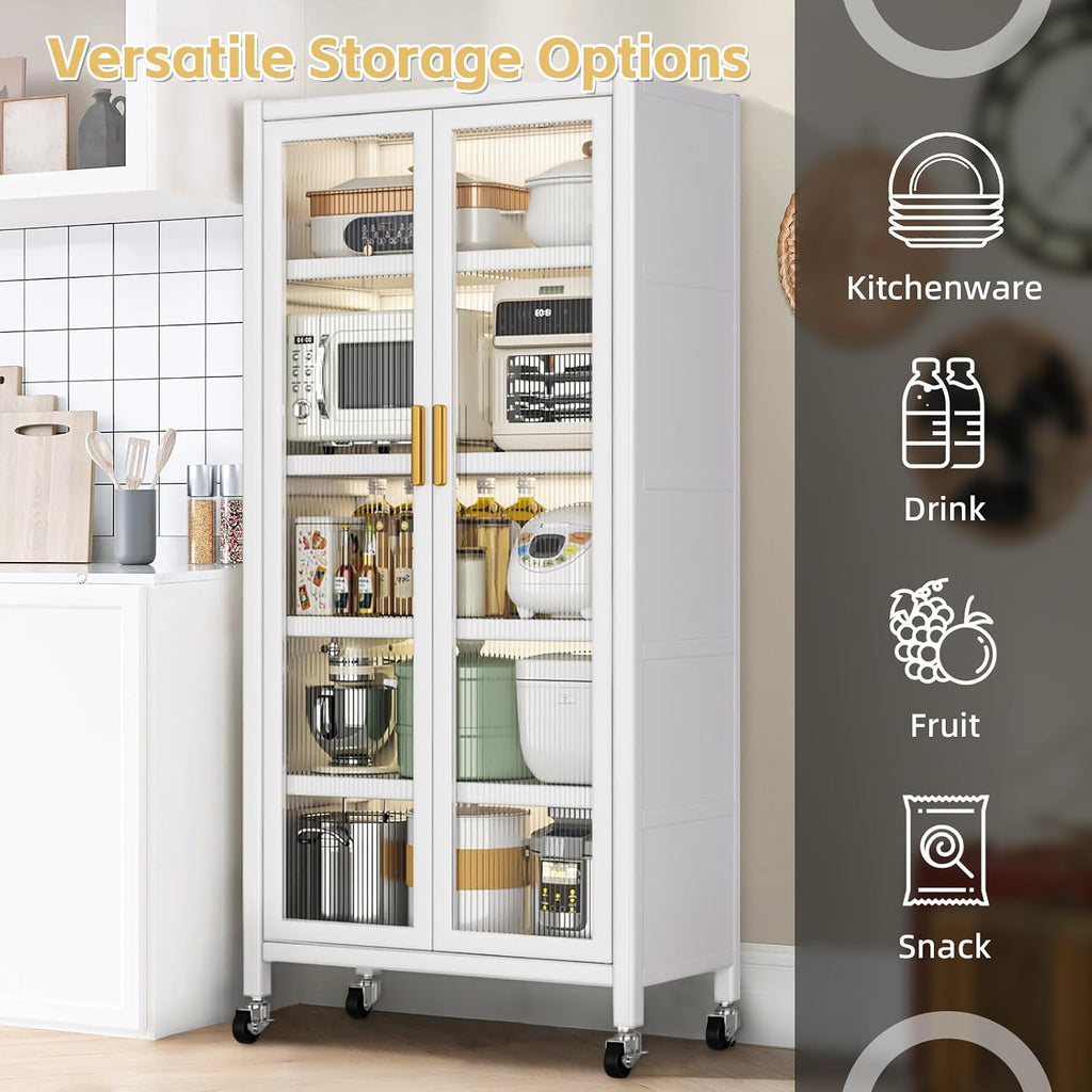 Kitchen Storage Cabinet, Pantry Cabinet with Two Glass Doors and Adjustable Shelves, 6 Tier Large Kitchen Hutch Cabinet Freestanding Tall Storage Sideboard, Kitchen Bakers Rack (White)