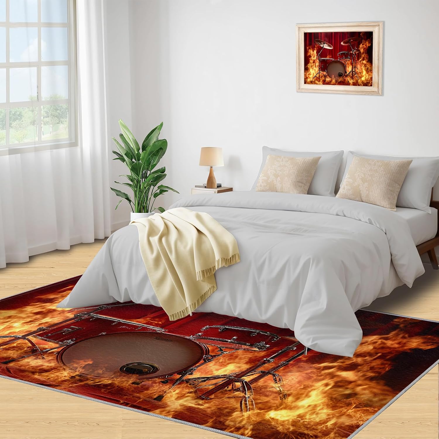 Drum Set Rugs for Bedroom - 6x8 Rug, Passion Rock Area Rugs for Living Room, Flame Carpet, Musical Instrument Washable Area Mat, Boys Room Carpet, Drums Home Decor